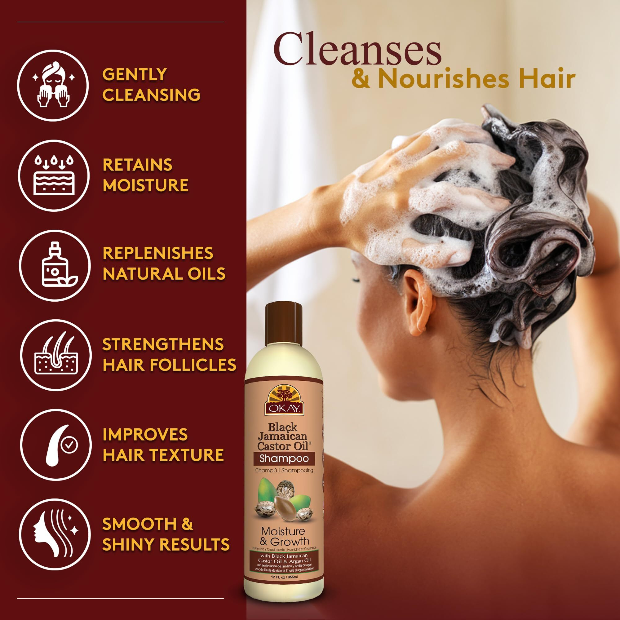 Okay Black Jamaican Castor Oil Shampoo - Jamaican Castor Shampoo For Hair Growth, Natural Moisturizing To Strengthen & Restore Damaged Hair For Women And Men - 12 Fl Oz (Pack Of 2)