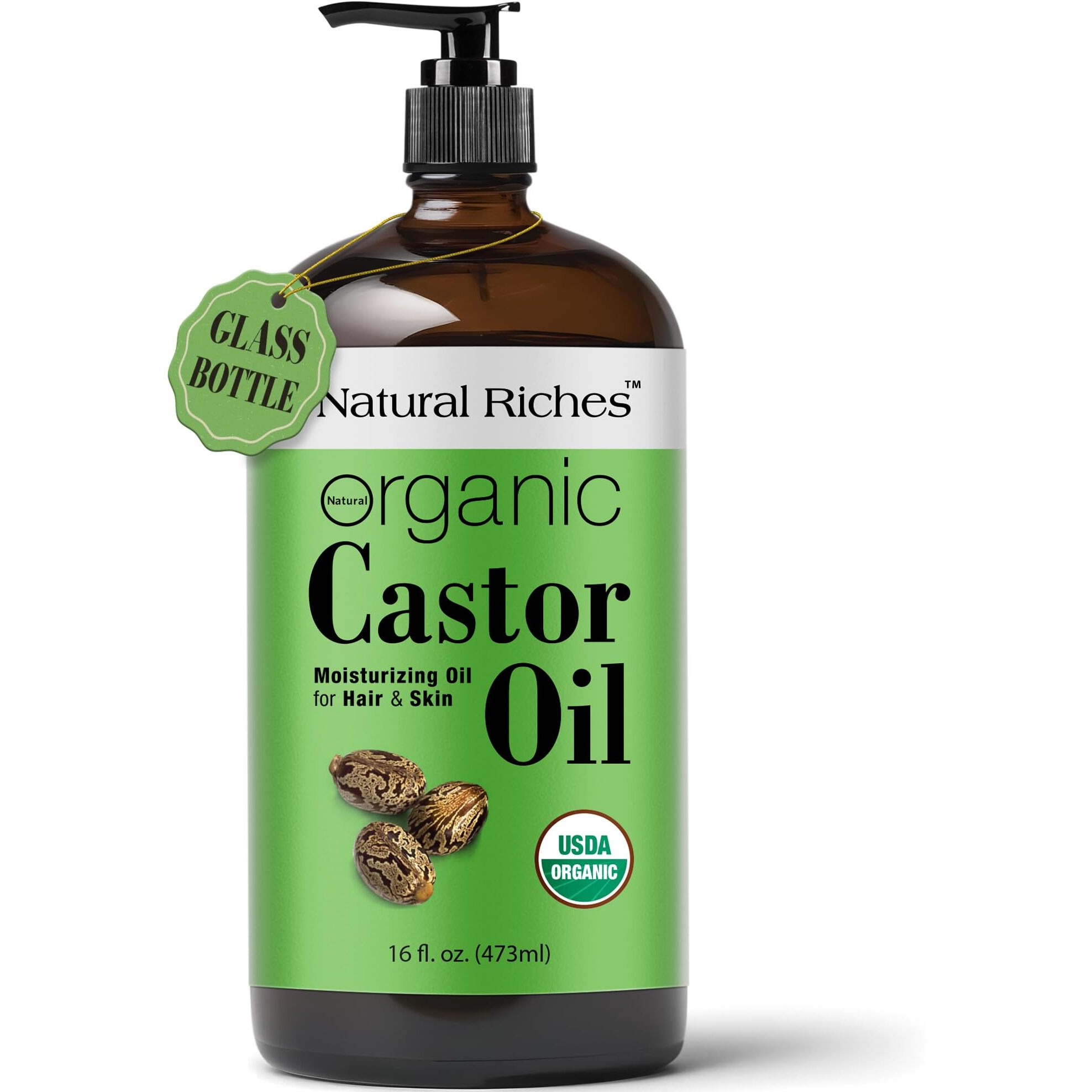 Natural Riches Organic Castor Oil Glass Bottle - Usda Certified, 100% Pure, Unrefined & Cold Pressed - Soothes Dry Skin, Scalp - For Hair Growth & Thicker Eyelashes, Eyebrows - 16 Fl Oz