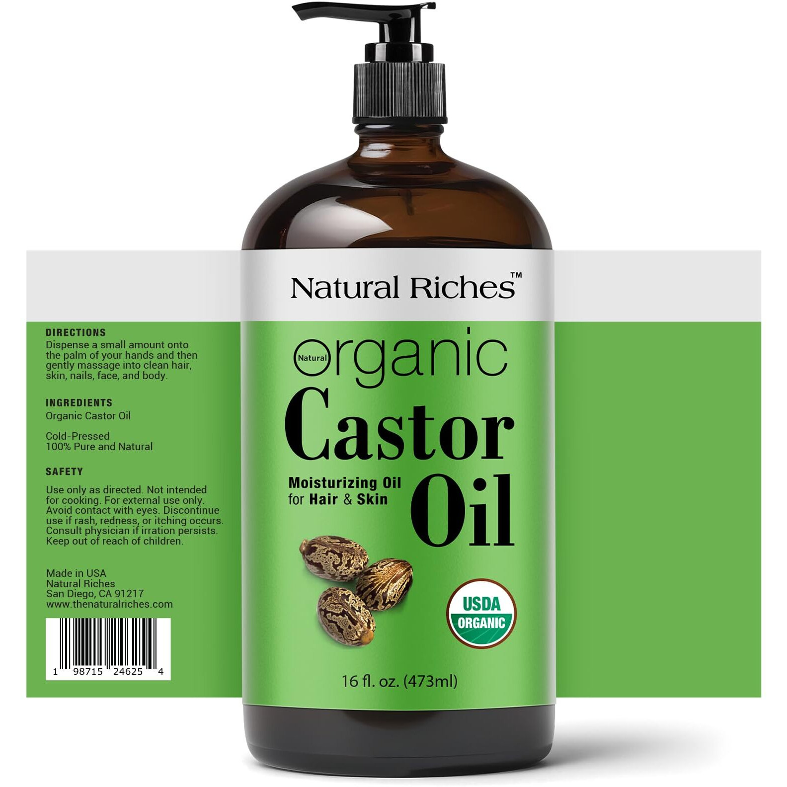 Natural Riches Organic Castor Oil Glass Bottle - Usda Certified, 100% Pure, Unrefined & Cold Pressed - Soothes Dry Skin, Scalp - For Hair Growth & Thicker Eyelashes, Eyebrows - 16 Fl Oz