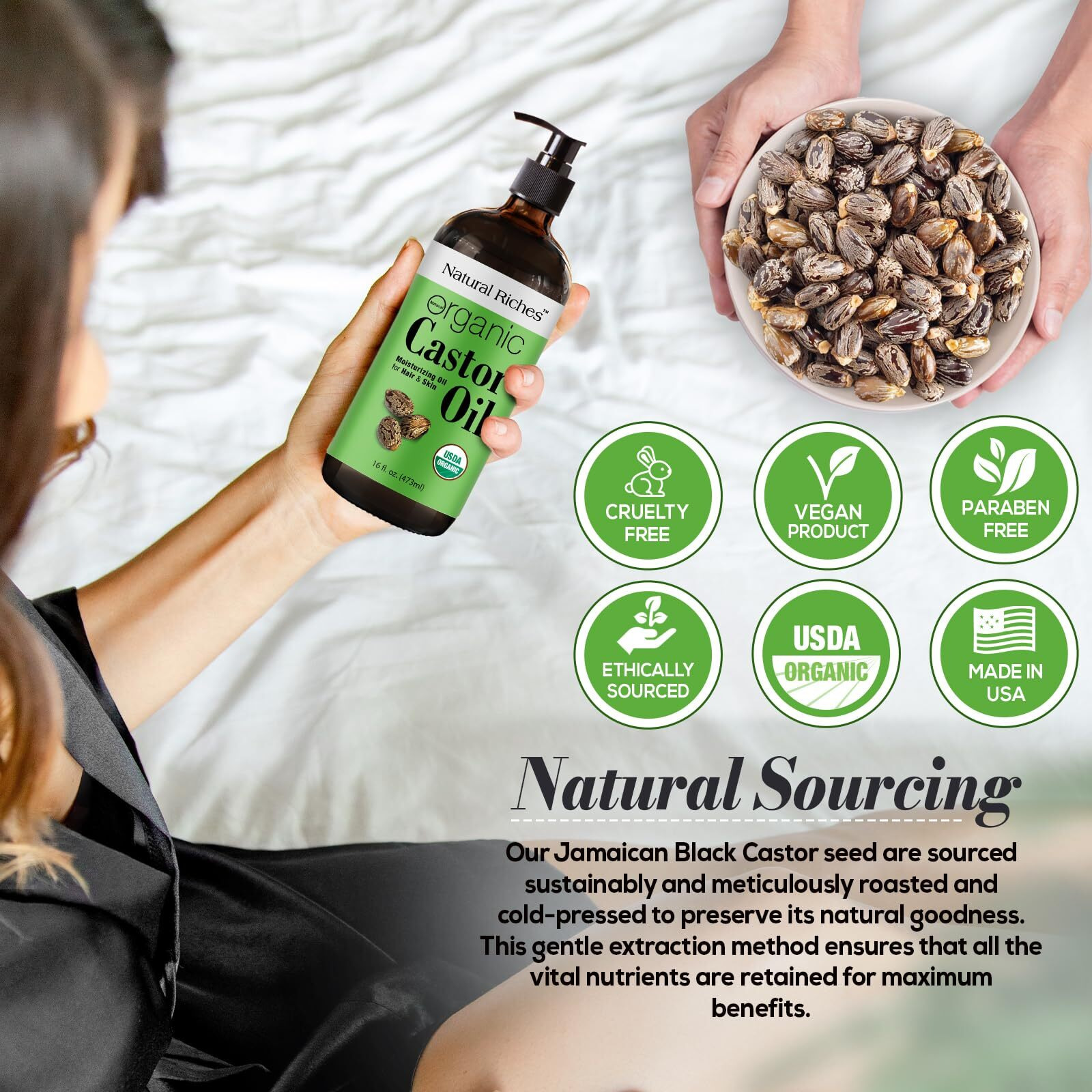 Natural Riches Organic Castor Oil Glass Bottle - Usda Certified, 100% Pure, Unrefined & Cold Pressed - Soothes Dry Skin, Scalp - For Hair Growth & Thicker Eyelashes, Eyebrows - 16 Fl Oz