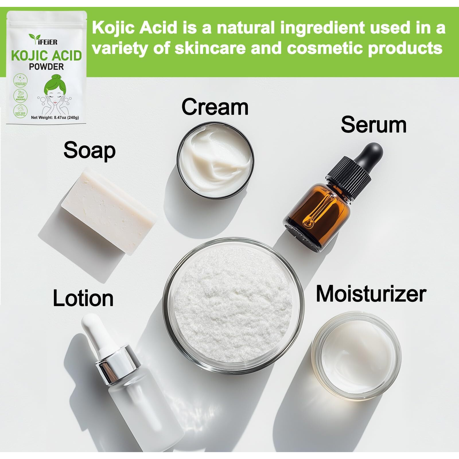 Ifeier Pure Kojic Acid Powder 240G(8.47Oz) For Skincare Products And Homemade Cosmetics. Natural And Organic Bulk Packing Kojic Acid Dipalmitate Powder For Diy Lotions | Creams | Serums | Soaps