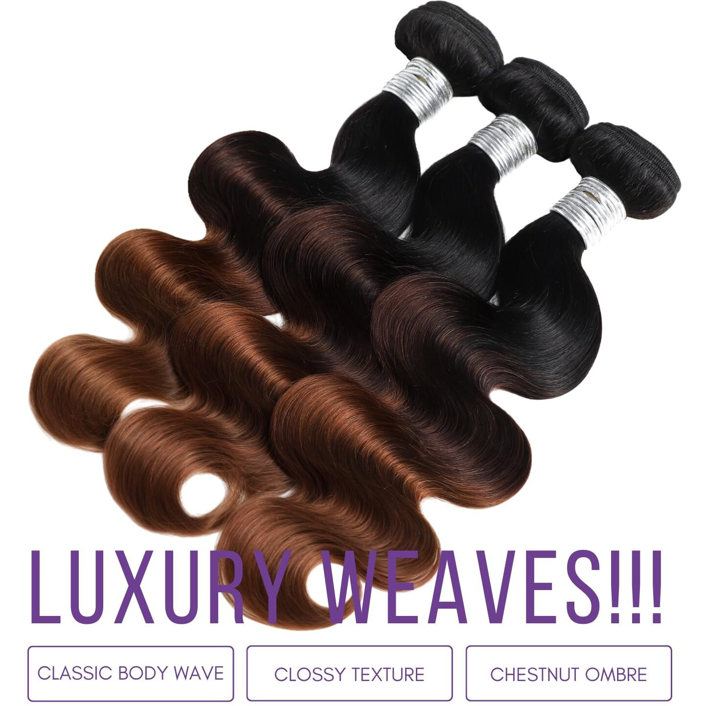 Auroo Chestnut Brown Ombre Human Hair3 Bundles Body Wave 16 18 20In, 12A Thick Track 3 Tone Ombre Medium Auburn Colored Bundles 100% Virgin Brazilian Weaves T1B/2/30 Dark Roots Wavy Sew In Extensions
