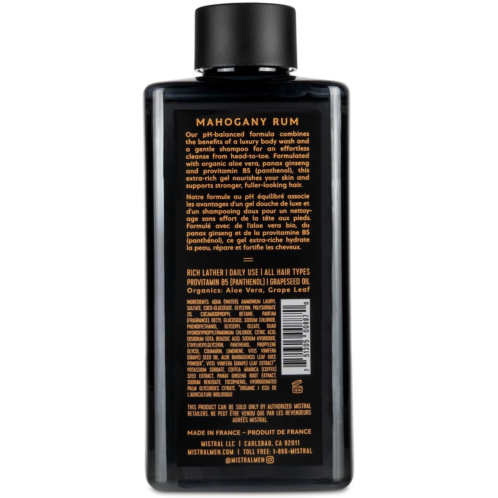 Mistral Men's Body Wash & Shampoo, Mahogany Rum 13.5 Oz | 2-In-1 Natural Shower Gel For Men | Sls, Paraben & Phthalate Free | Natural Mens Body Wash, Moisturizing Bath Gel - Made In France