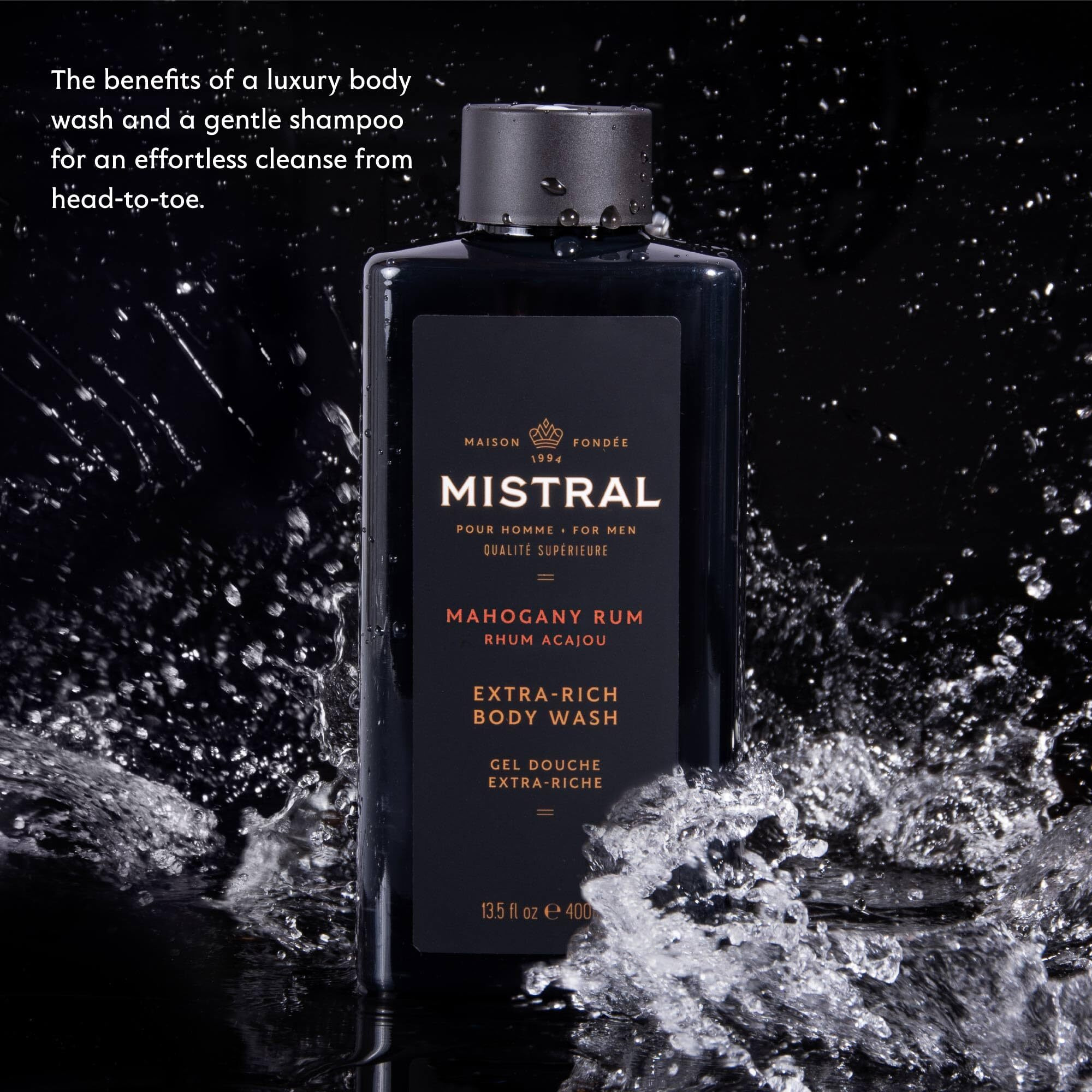 Mistral Men's Body Wash & Shampoo, Mahogany Rum 13.5 Oz | 2-In-1 Natural Shower Gel For Men | Sls, Paraben & Phthalate Free | Natural Mens Body Wash, Moisturizing Bath Gel - Made In France