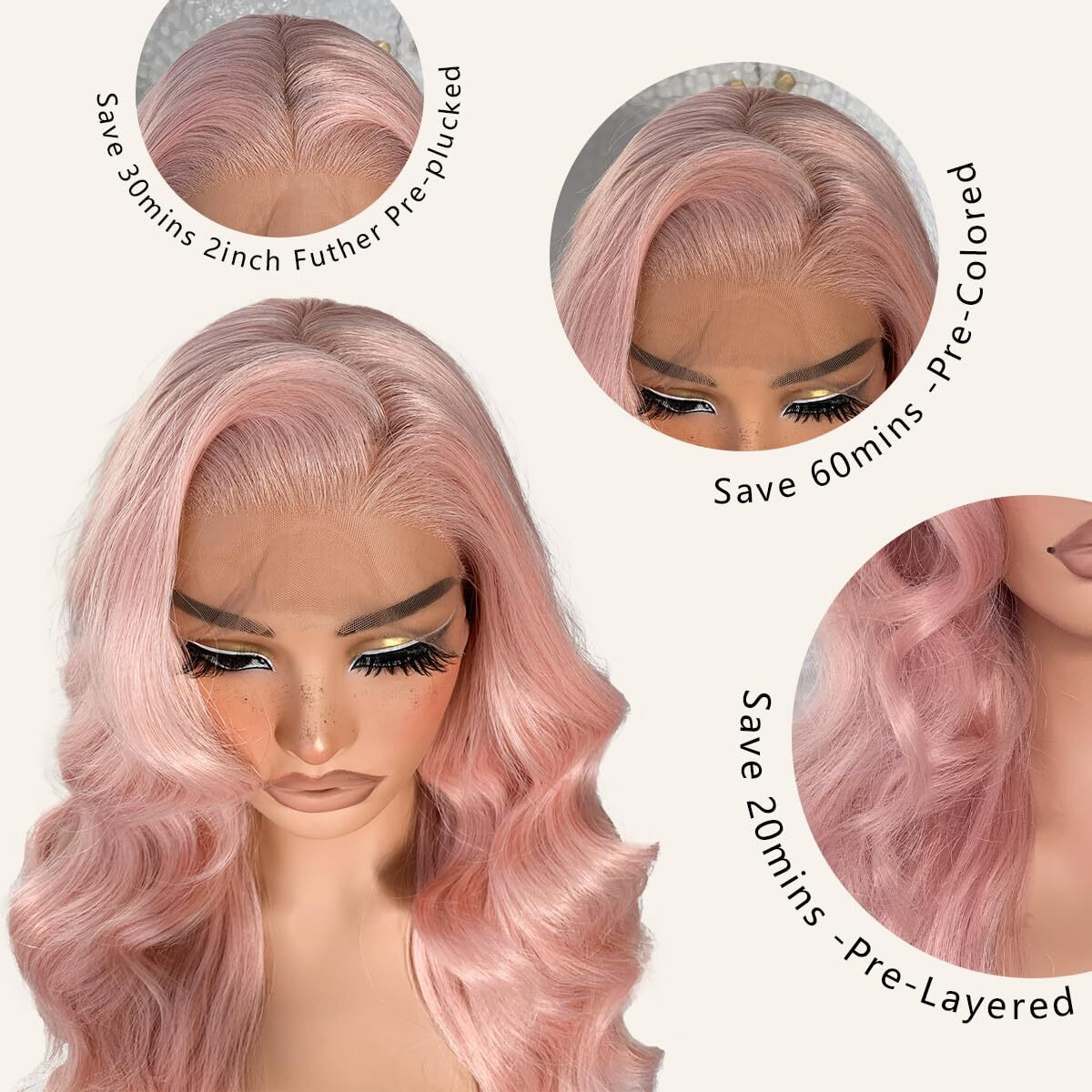 13X6 Pink Hd Glueless Body Wave Lace Frontal Wigs Pre-Plucked Similar Human Hair 200 Density Synthetic Pastel Pink Wig For Black Woman Ready To Wear
