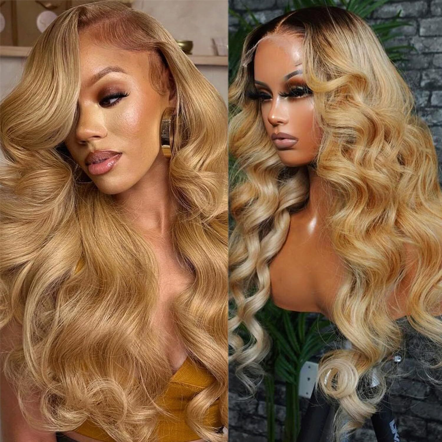 13X6 Ombre Body Wave Lace Front Wig Human Hair For Black Women 24 Inch 180% Density 4T27 Chocolate Brown To Honey Blonde Curly Wavy Glueless Wigs 13X6 Lace Frontal Pre Plucked Bleached Knots