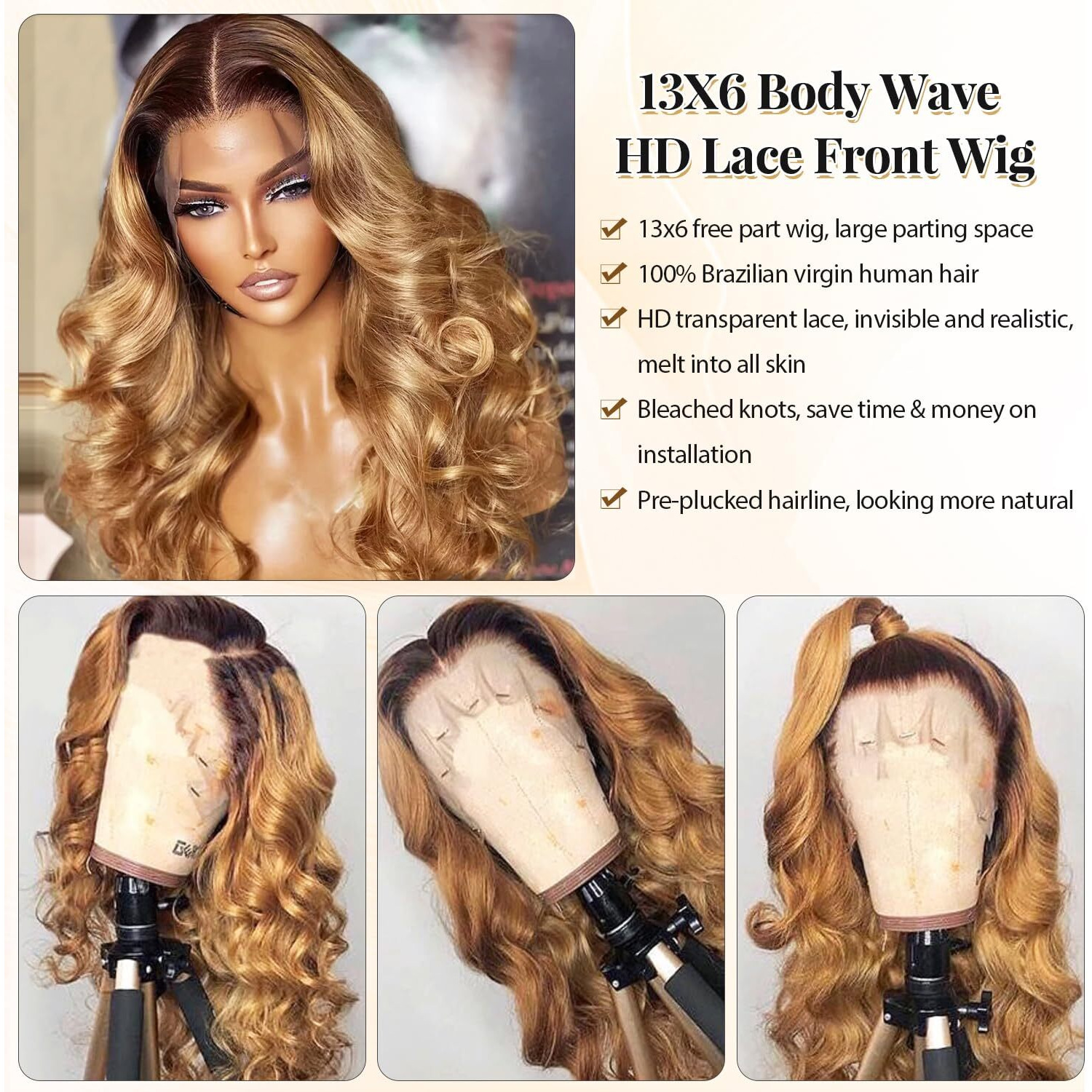 13X6 Ombre Body Wave Lace Front Wig Human Hair For Black Women 24 Inch 180% Density 4T27 Chocolate Brown To Honey Blonde Curly Wavy Glueless Wigs 13X6 Lace Frontal Pre Plucked Bleached Knots
