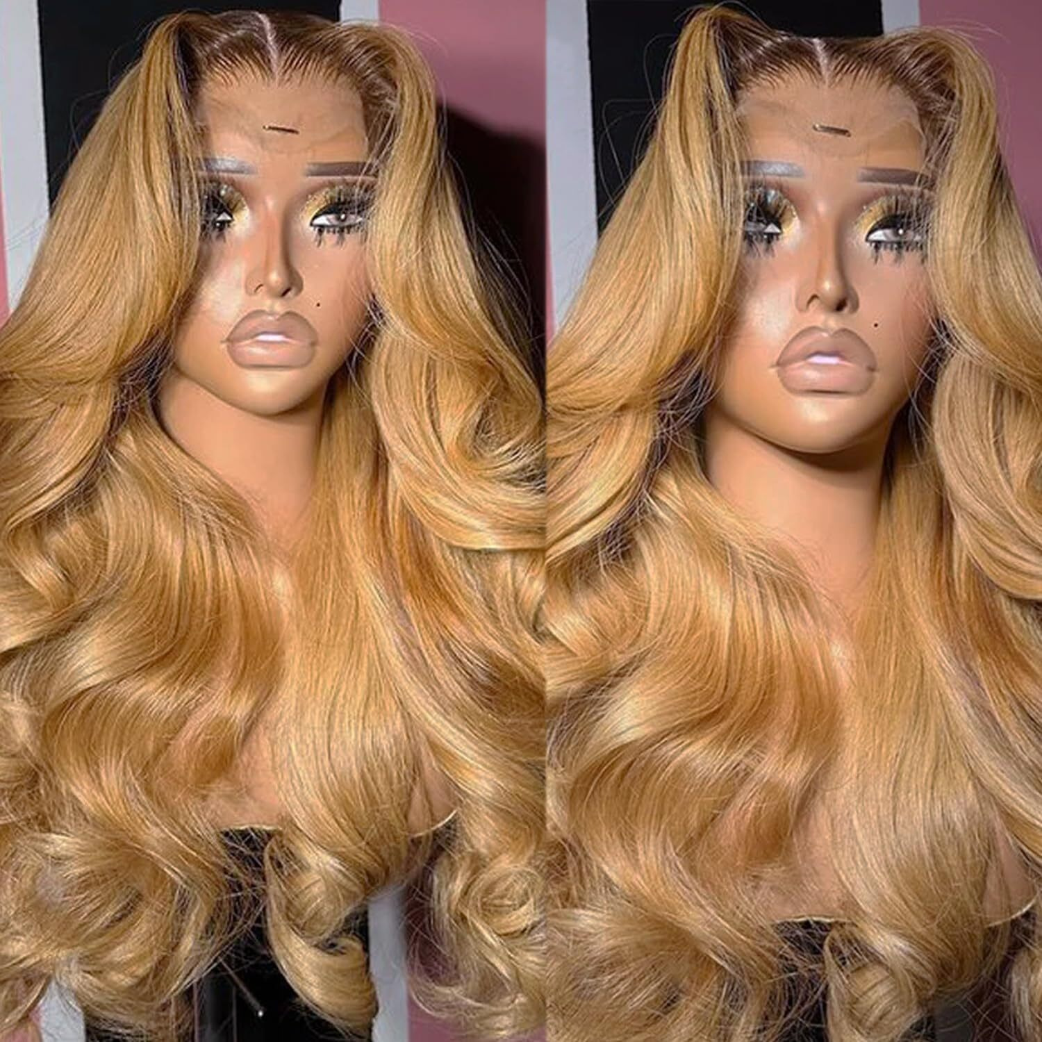 13X6 Ombre Body Wave Lace Front Wig Human Hair For Black Women 24 Inch 180% Density 4T27 Chocolate Brown To Honey Blonde Curly Wavy Glueless Wigs 13X6 Lace Frontal Pre Plucked Bleached Knots