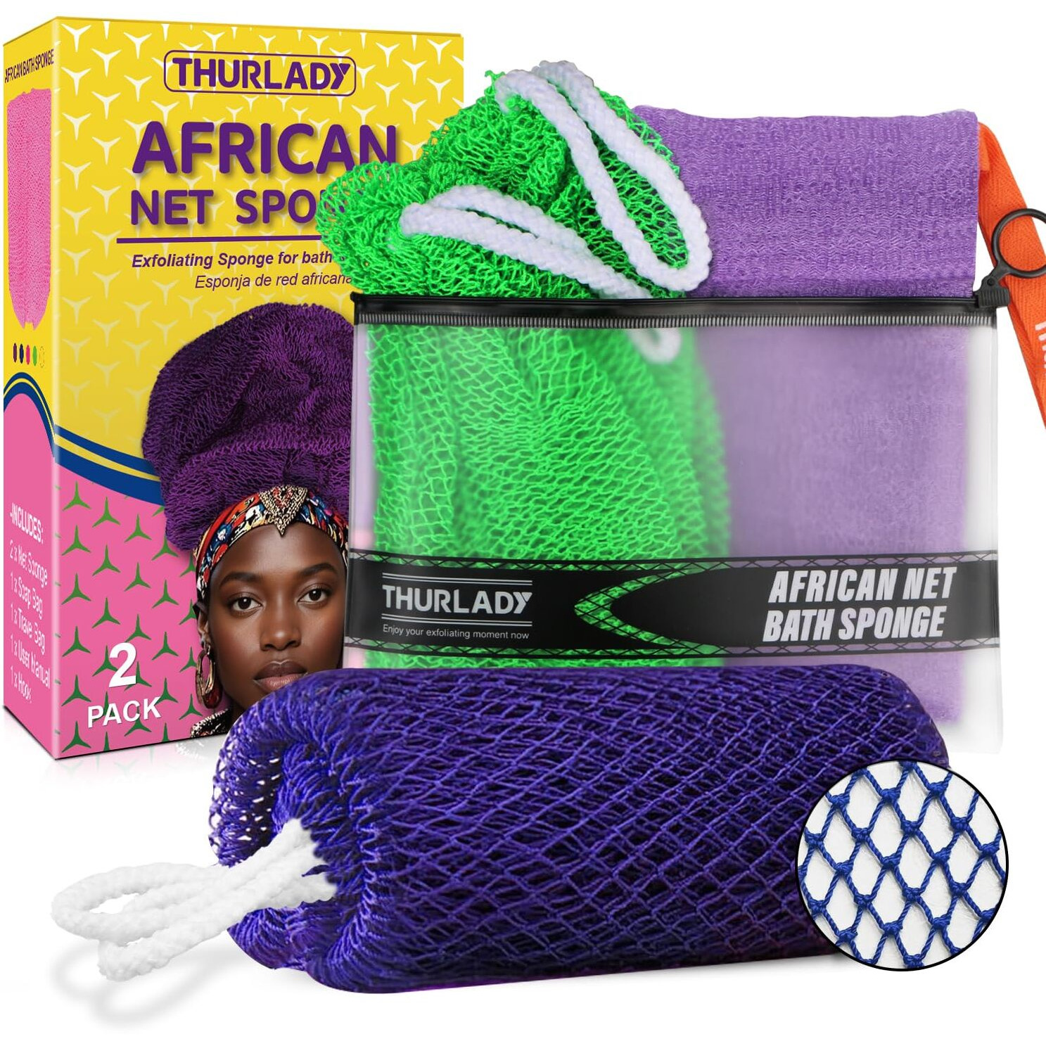 Thurlady African Net Sponge Authentic With Knots, African Scrub Bath Net, 2 Pieces Exfoliating Body Back Scrubber For Shower, Gentle Exfoliating Washcloth, With 1 Soap Bag (Navy & Green)