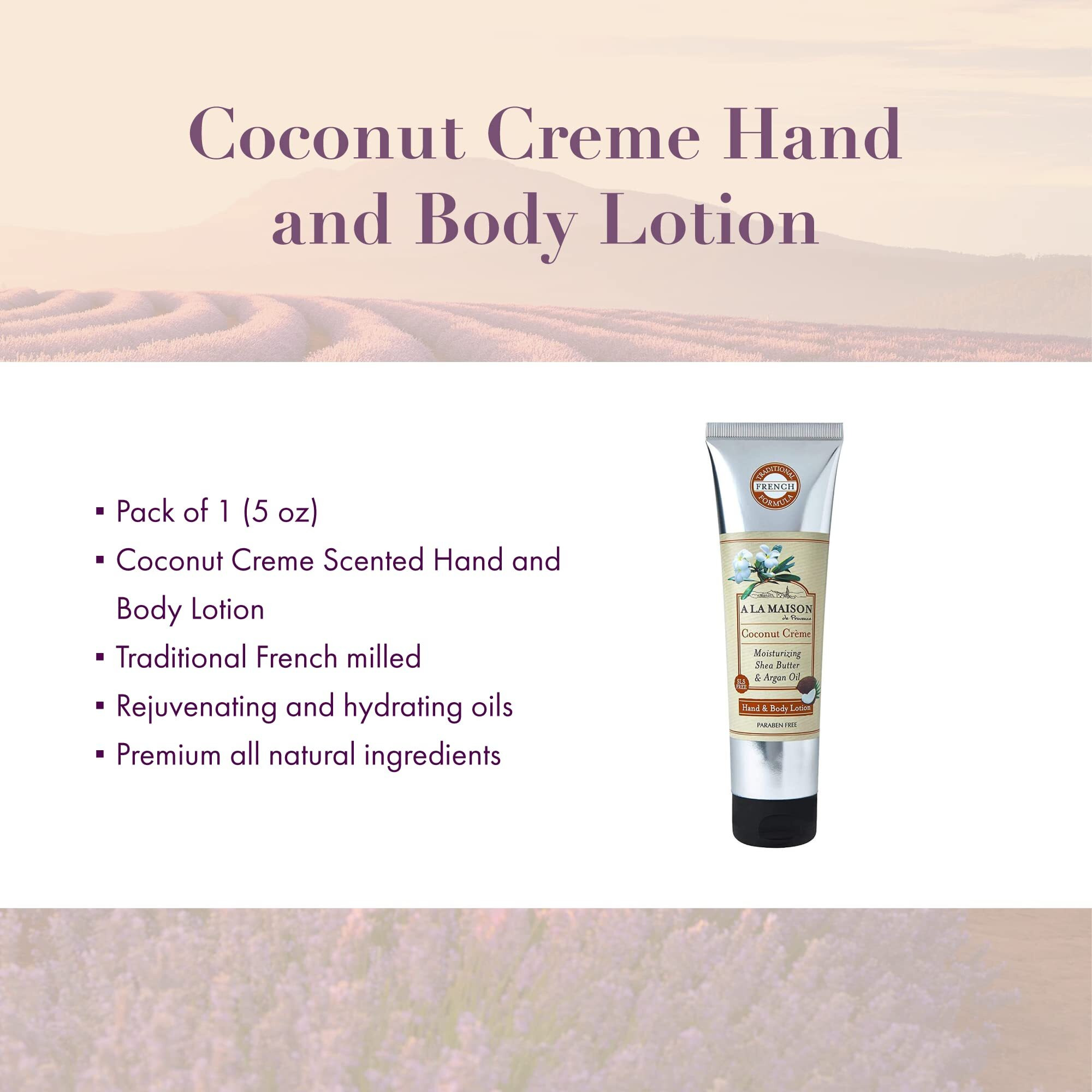 A La Maison De Provence Hand And Body Lotion | Natural Moisturizing Lotion With Argan Oil And Shea Butter | Moisturizer For Dry Skin | Paraben And Phthalates Free | Coconut Creme Scent 8 Oz (1 Pack)