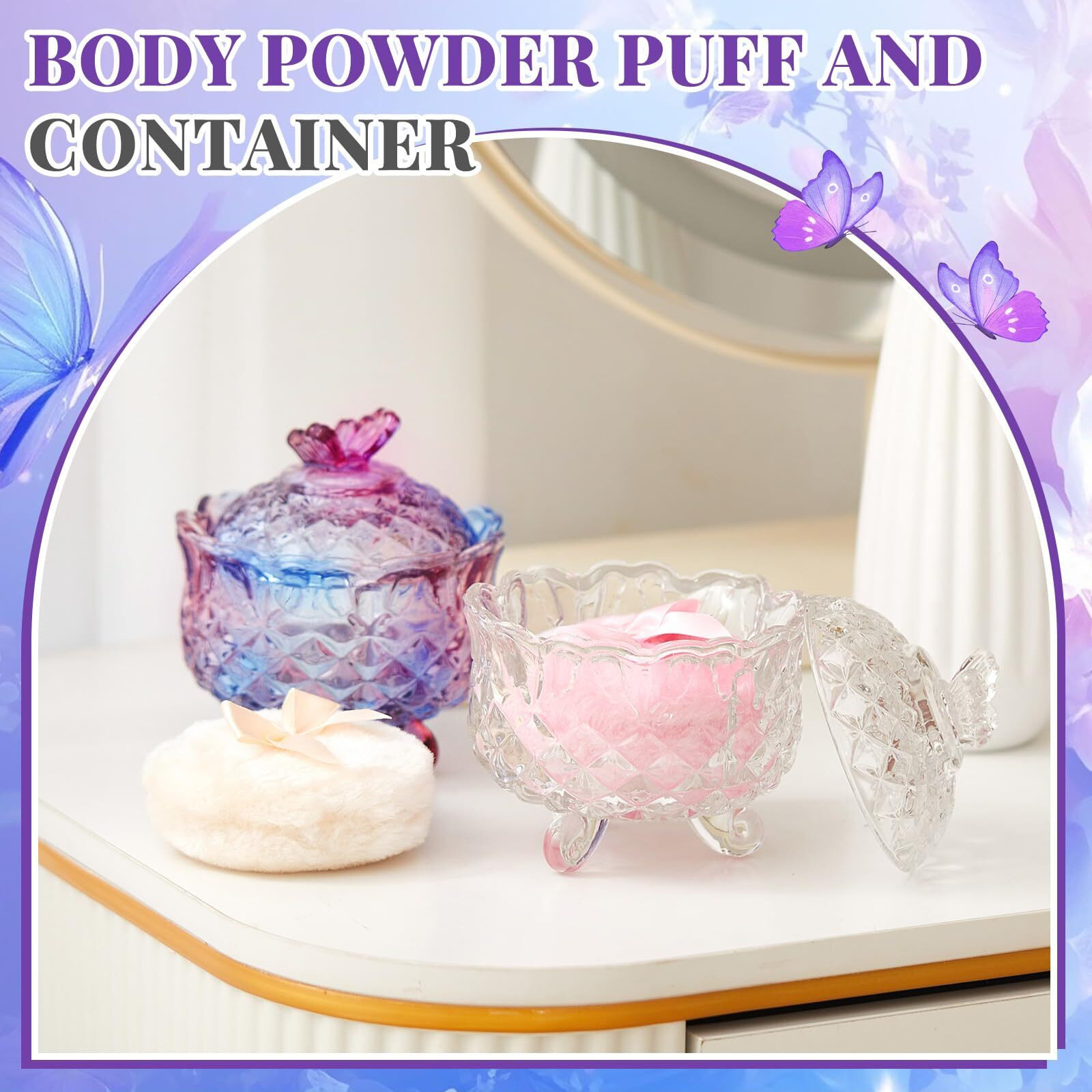 Tioncy 4 Pcs Large Body Powder Puff And Container Extra Large Body Powder Puff Dish Soft Washable Reusable Fluffy Makeup Sponge Wet Dry(Butterfly,Purple And Clear)