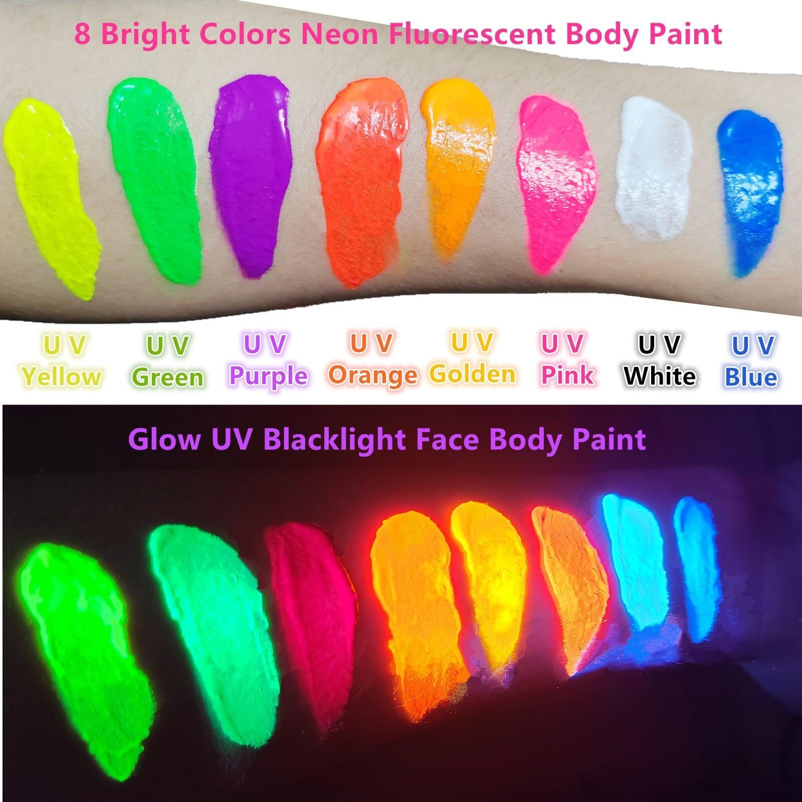 Go Ho Neon Gold Body Paint Washable(2.37Oz,70Ml),Under Uv Blacklight Neon Face Paint,Water Based Neon Fluorescent Golden Face Paint For Adults Children Sfx Cosplay Costumes Halloween Makeup
