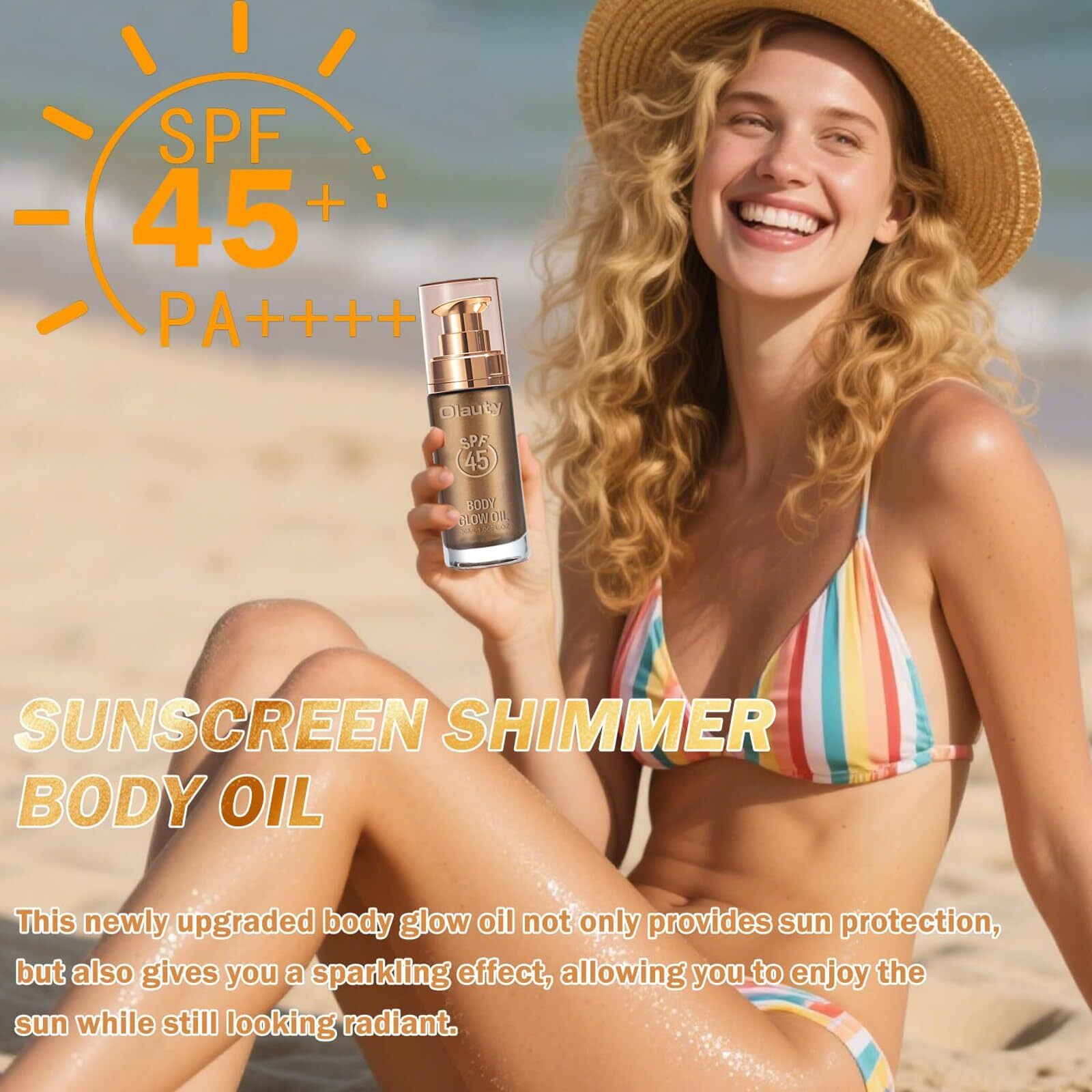 Shimmer Body Oil, Spf 45 Broad Spectrum,Sunscreen Shimmer Body Oil With Coconut Oils,Long Lasting Liquid Luminizer For Body & Face, Highlighter Illuminator Body Makeup(Glistening Bronze, 30Ml)