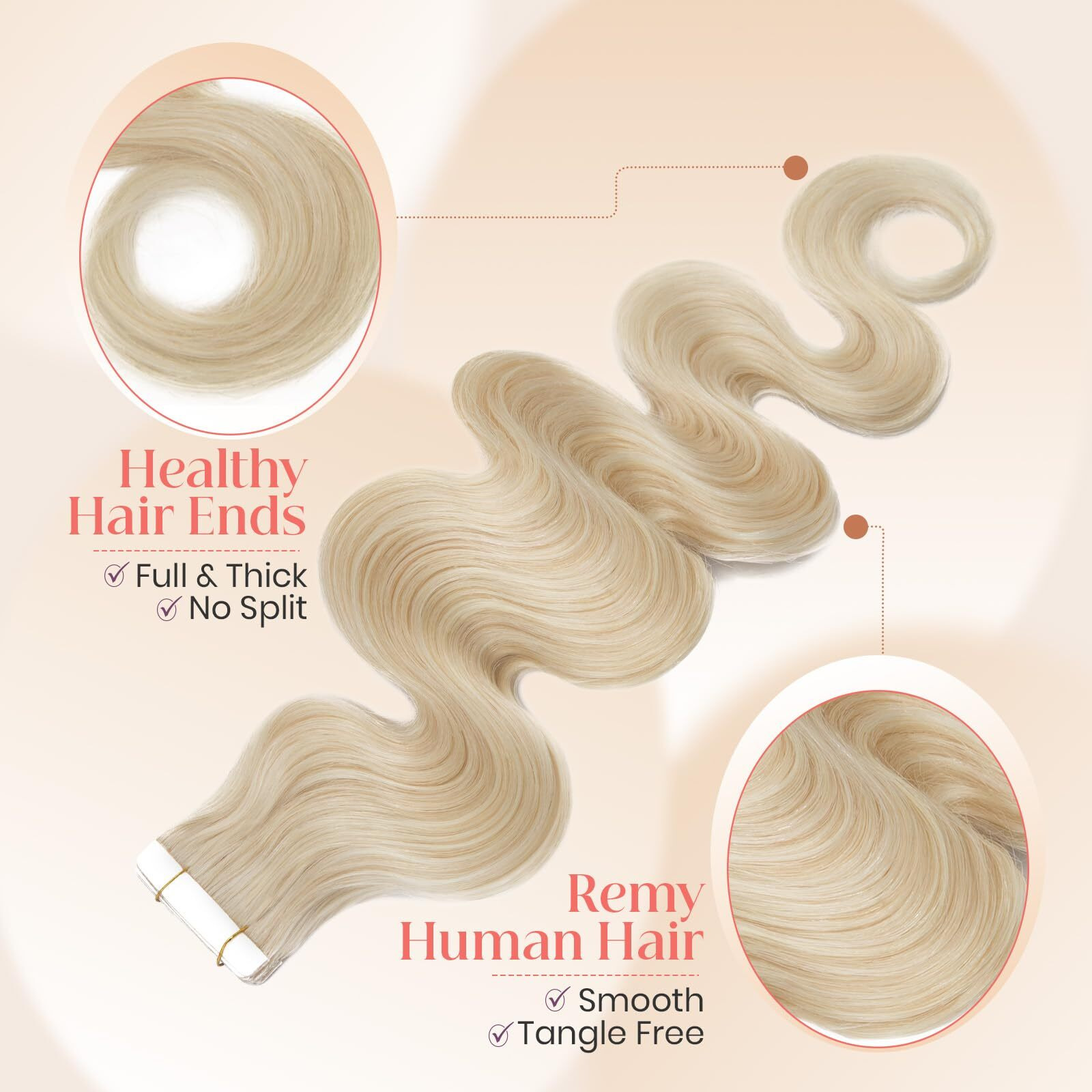 Elailite Wavy Tape In Hair Extensions Human Hair Body Wave Real Remy Hairpieces Platinum Blonde 16 Inch 50G 20Pcs Invisible Seamless Skin Weft Best Tape For Women