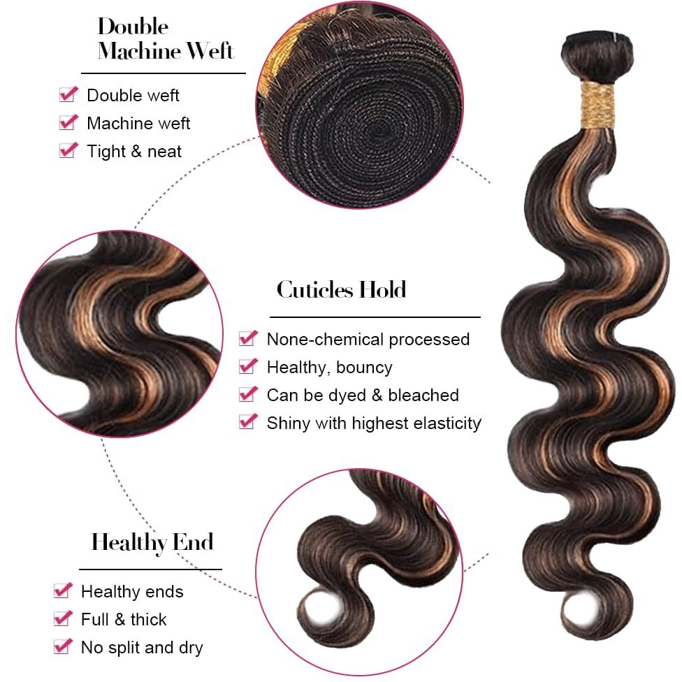 Highlight Bundle P1B30 Brown Body Wave Human Hair Bundles Color 30 Body Wave Human Hair 3 Bundles 32 32 32 Inch Two Tone Black Mixed With Brown Bundle