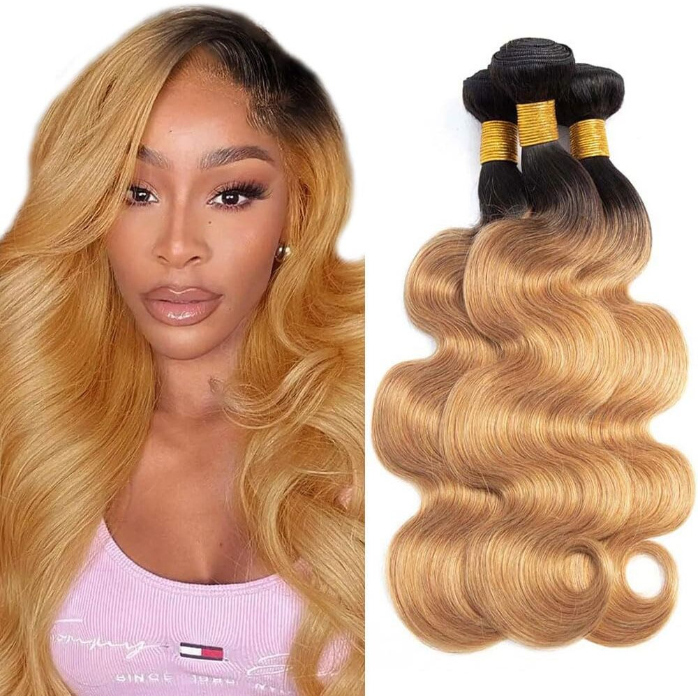 1B27 Bundle Honey Blonde Body Wave Human Hair Bundles 26 28 30 Inch Two Tone Black And Honey Blonde Bundles Human Hair Ombre Quick Weave Bundle