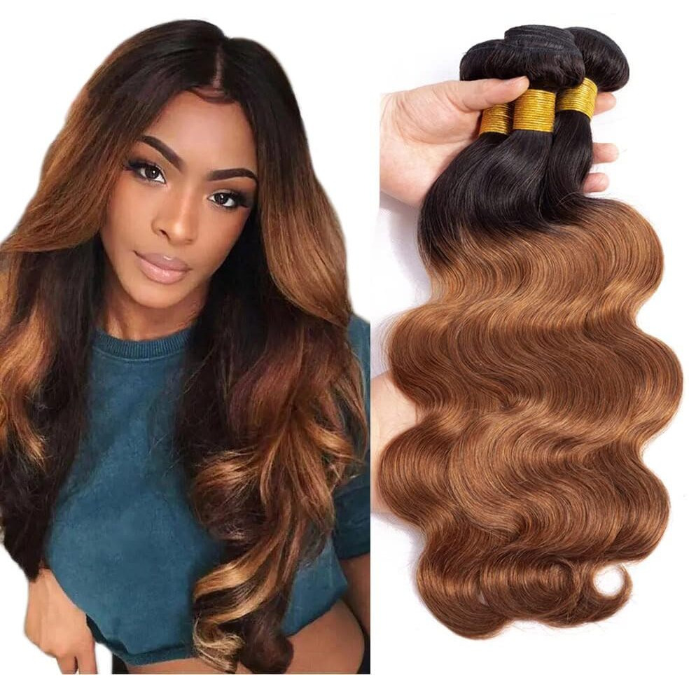 Ombre Body Wave Bundles Human Hair 30 32 34 Inch 1B/30 Brown Human Hair Bundles Soft And Healthy Double Weft Unprocessed Brazilian Virgin Remy Hair Extensions Deals