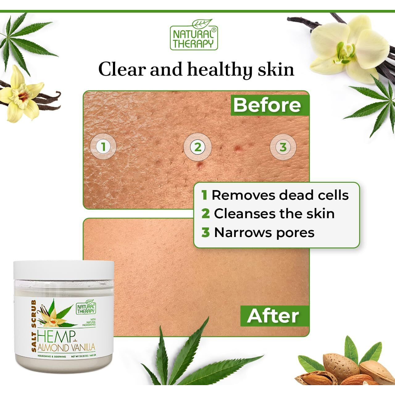 Natural Therapy Hemp & Almond Vanilla Salt Scrub - Exfoliating Body Scrub For Women - Moisturizing And Nourishing Skin - With Pure Oils And Dead Sea Minerals (23.28 Oz)