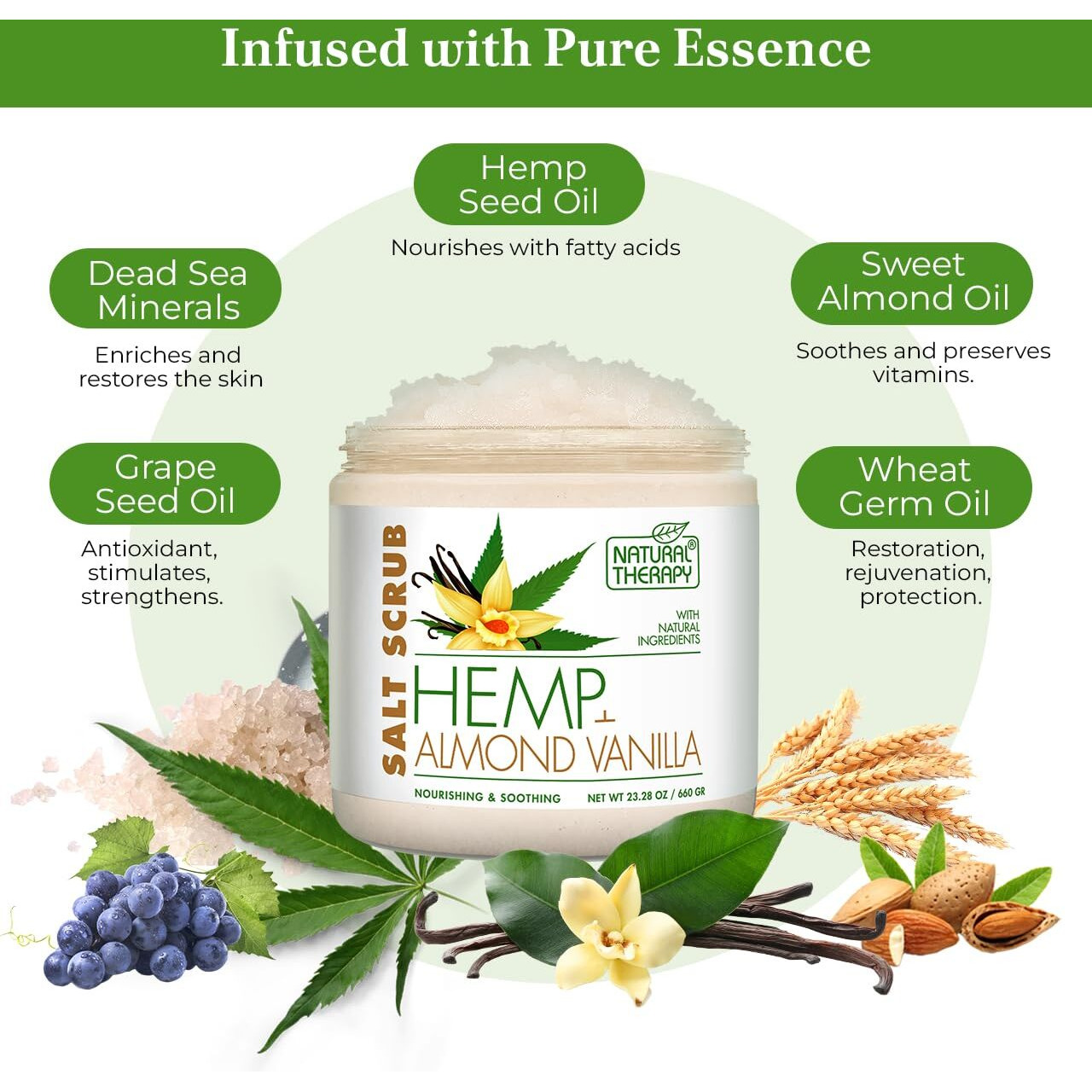 Natural Therapy Hemp & Almond Vanilla Salt Scrub - Exfoliating Body Scrub For Women - Moisturizing And Nourishing Skin - With Pure Oils And Dead Sea Minerals (23.28 Oz)