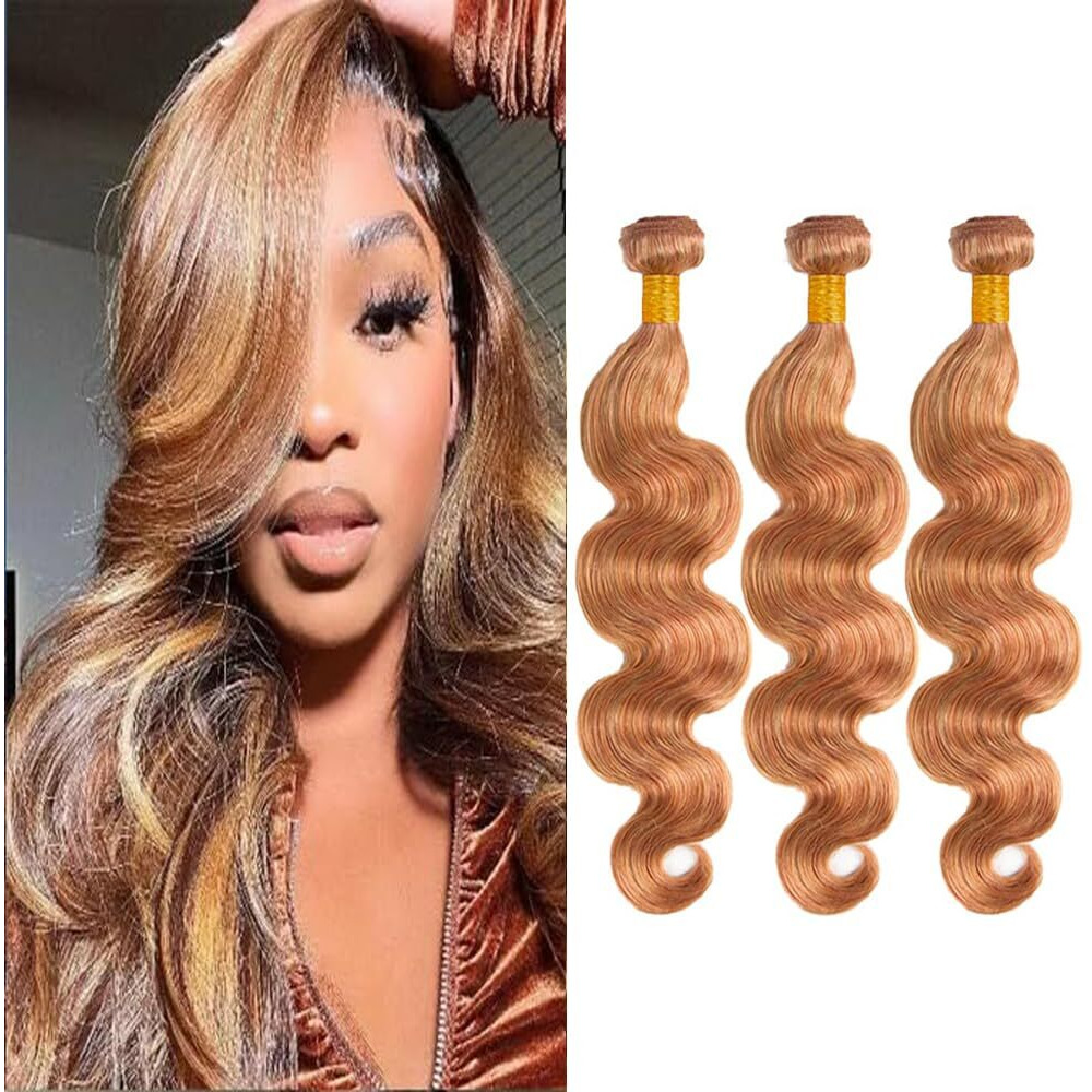 Color 27 Body Wave Bundles Honey Blonde Bundles P27/30 Human Hair Bundles Brazilian Virgin Remy Mixed Length Color 30 Body Wave Brown Hair Extension 26 28 30 Inch