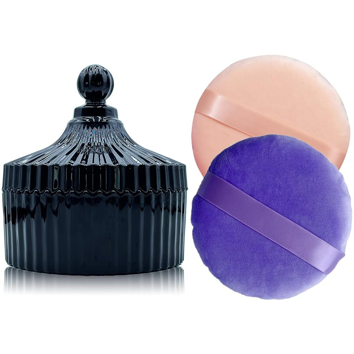 2 Pack Extra Large 5.2"" Beige & Purple Powder Puffs And 5.3"" Glass Container - Oversized Soft Body & Face Large Powder Puff Dusting Powder Jar Holder Case(Black Glass)