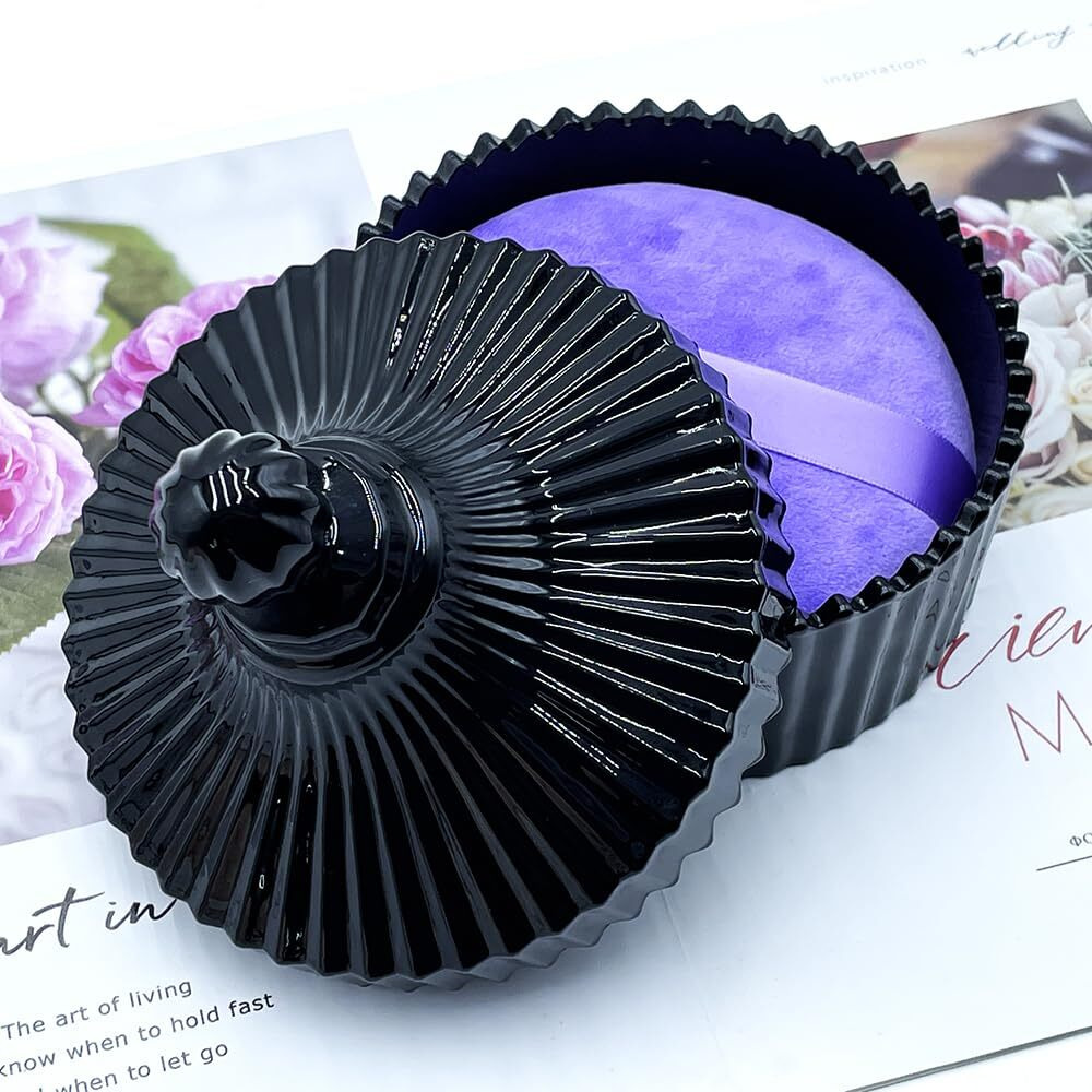 2 Pack Extra Large 5.2"" Beige & Purple Powder Puffs And 5.3"" Glass Container - Oversized Soft Body & Face Large Powder Puff Dusting Powder Jar Holder Case(Black Glass)