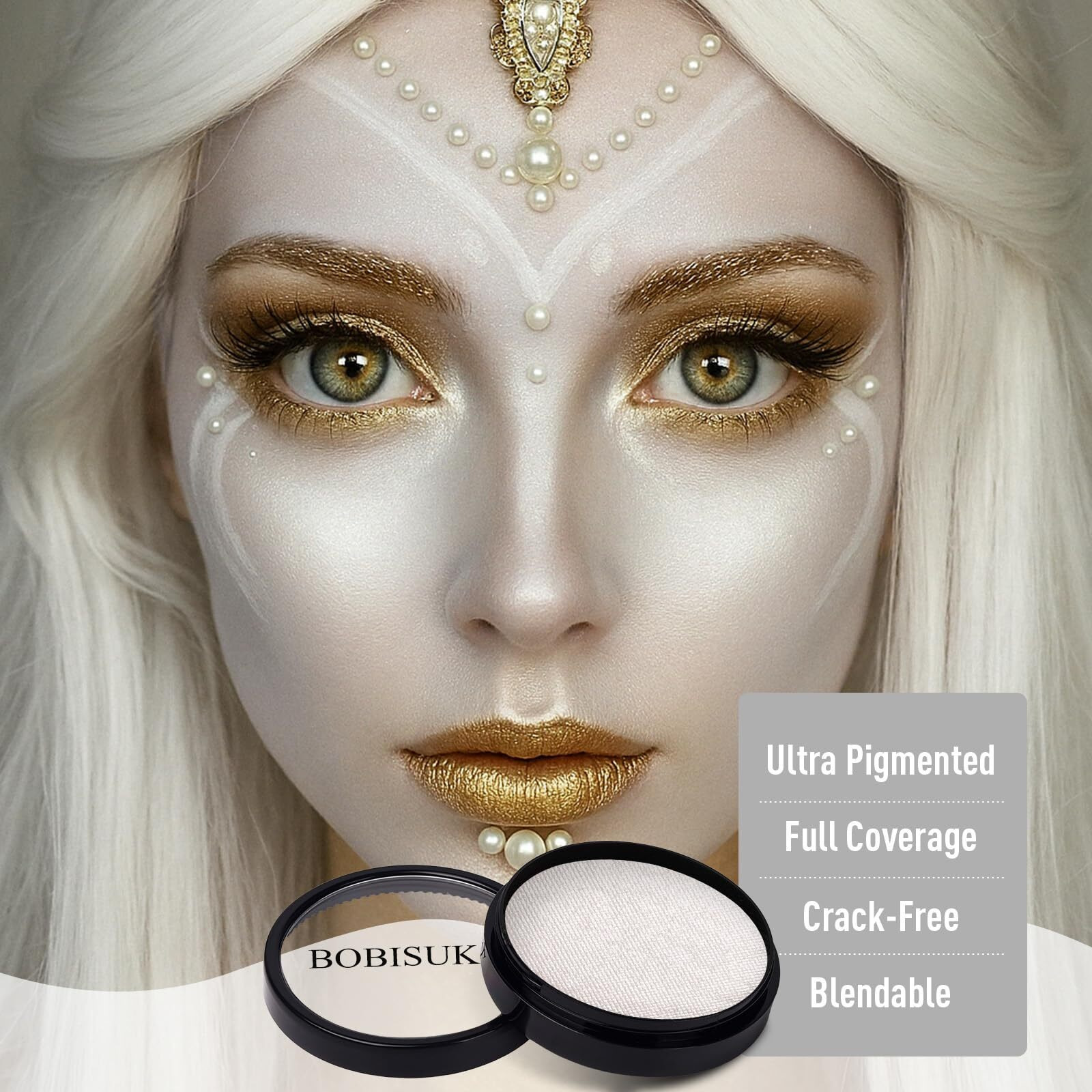 Bobisuka Pearl White Face Body Paint, Water-Based Metallic Silver Face Painting Kit & Body Paints, Facepaint For Halloween Costume Cosplay Siren, Ice Fairy & Statue Sfx Make-Up, Movie, Theater & Stage
