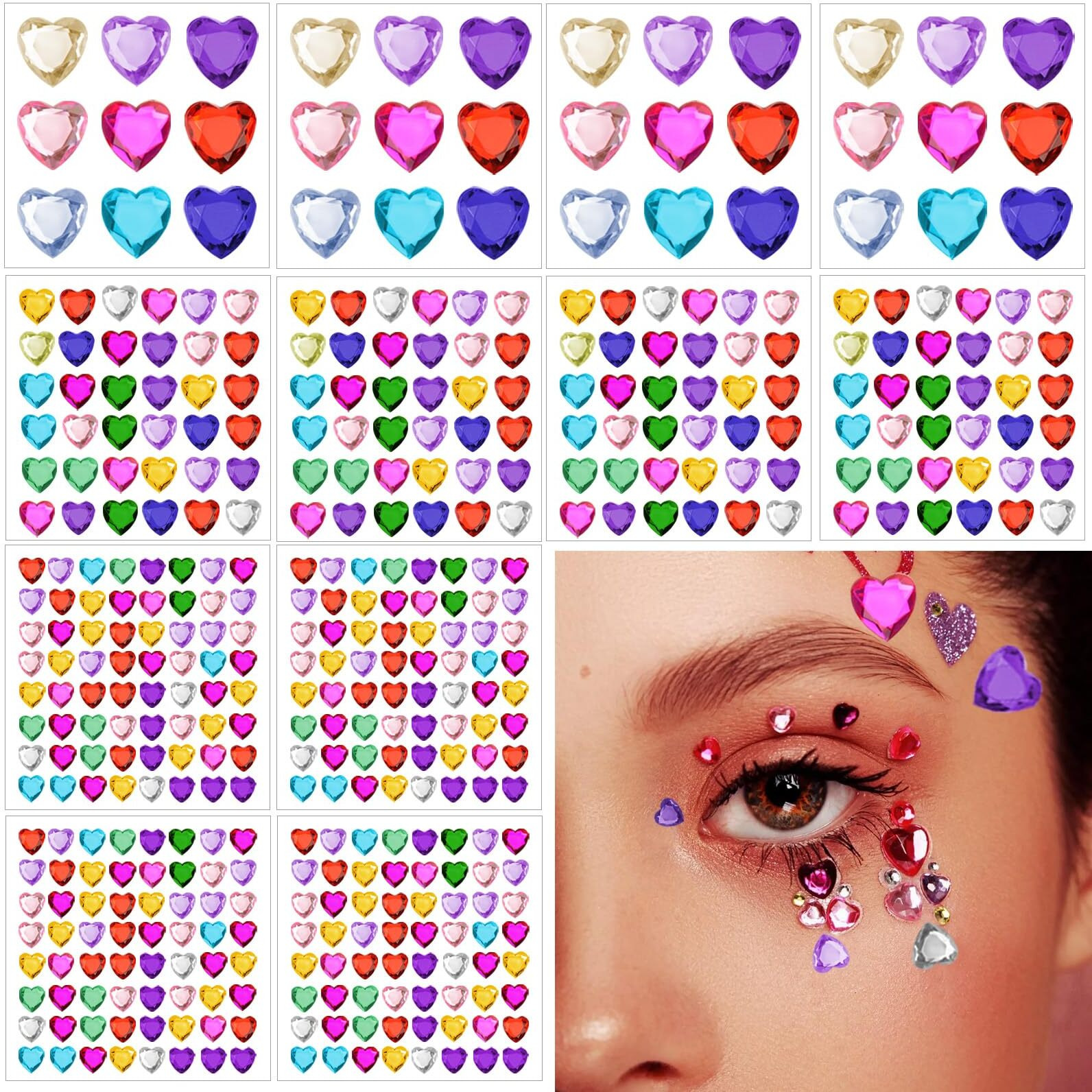 Dazzhues 436Pcs Self Adhesive Rhinestone Stickers - Acrylic Heart Gems For Face, Hair, Body Bling - Colorful Jewels Crystal Stickers For Wedding, Dating, Festival Decoration & Diy Craft (6/10/18M)