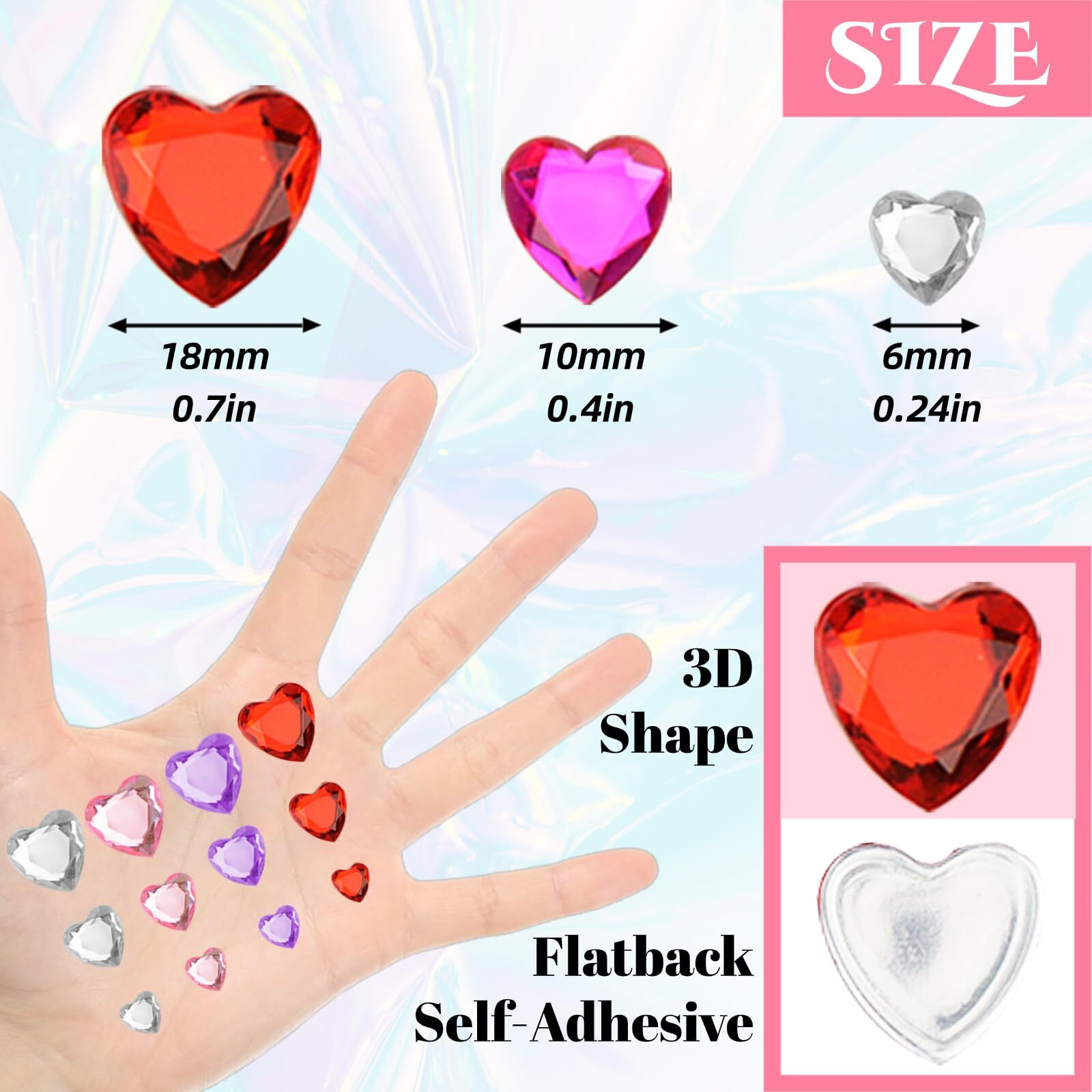Dazzhues 436Pcs Self Adhesive Rhinestone Stickers - Acrylic Heart Gems For Face, Hair, Body Bling - Colorful Jewels Crystal Stickers For Wedding, Dating, Festival Decoration & Diy Craft (6/10/18M)