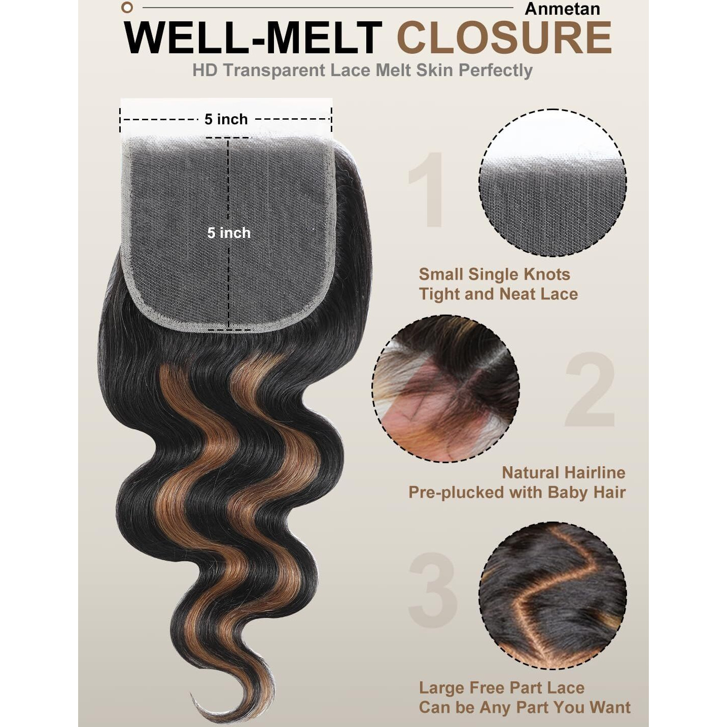 Anmetan Fb30 Hd Lace Closure 5X5 Only 16 Inch, 12A Body Wave Bundles With Closure Human Hair 5X5 Deep Part Invisible Lace Virgin Remy Hair Closure Natural Hairline Black With Brown Highlighted Colored