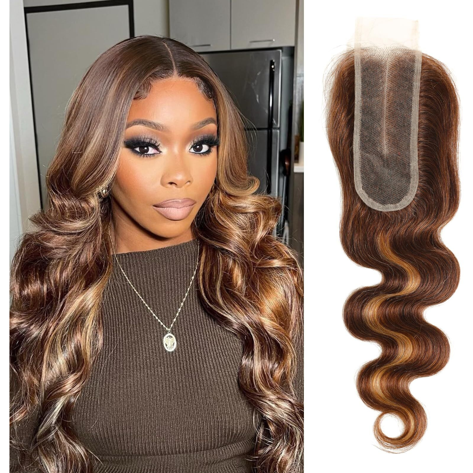 Alher Long Deep Part 2X6 Closure Body Wave Honey Blonde Highlight 18 Inch, Ombre Brown And Blond 2X6 Kim K Transparent Hd Lace Closure Pre Plucked With Baby Hair, P4/27 Color Real Human Hair