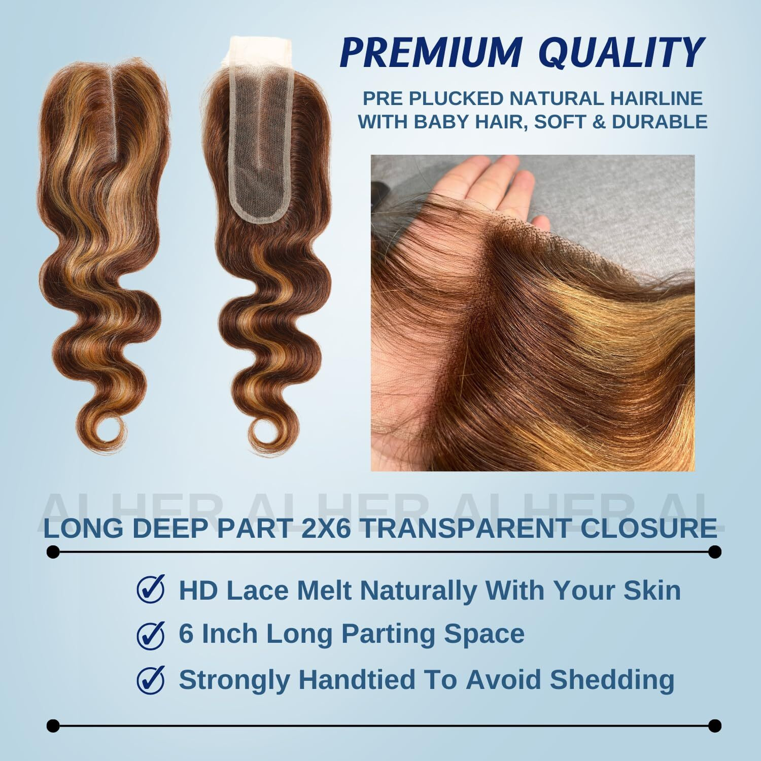 Alher Long Deep Part 2X6 Closure Body Wave Honey Blonde Highlight 18 Inch, Ombre Brown And Blond 2X6 Kim K Transparent Hd Lace Closure Pre Plucked With Baby Hair, P4/27 Color Real Human Hair