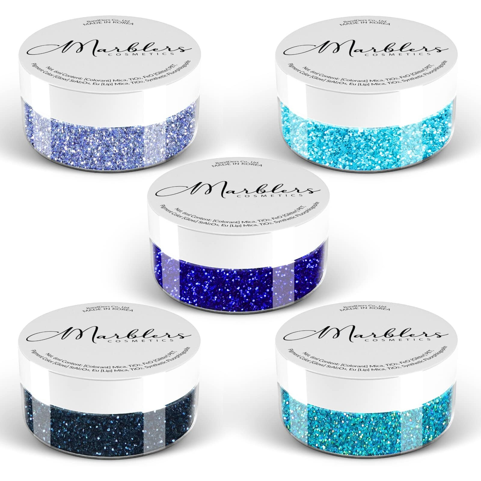 Marblers Cosmetic Grade Fine Glitter 5-Pack [Ocean Wave] 0.90Oz (25G) | Non-Toxic | Vegan | Cruelty-Free | Eyeshadow, Nail Polish, Nail Art | Festival, Rave & Party Makeup | Body & Face