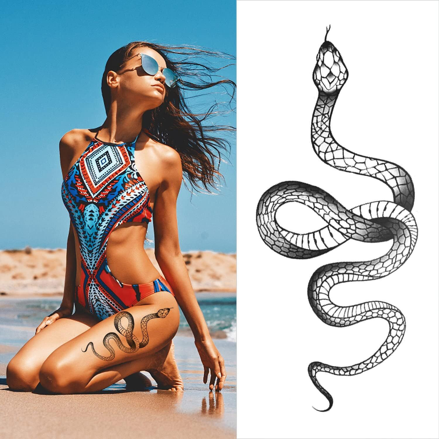 Fashion Realistic Big Size Black Snake Temporary Tattoo Stickers For Women Men Waterproof Fake Tattoo Waist Body Forearm Arm (Pack Of 10)