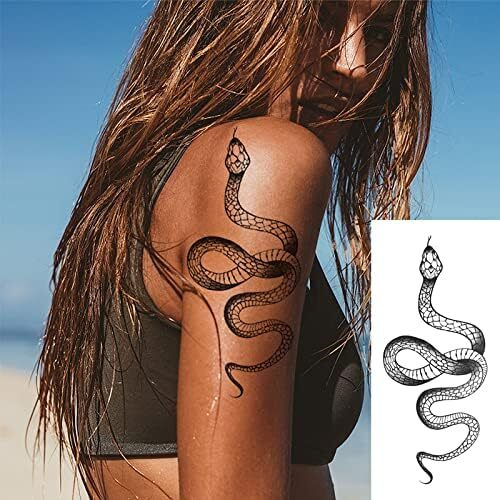Fashion Realistic Big Size Black Snake Temporary Tattoo Stickers For Women Men Waterproof Fake Tattoo Waist Body Forearm Arm (Pack Of 10)