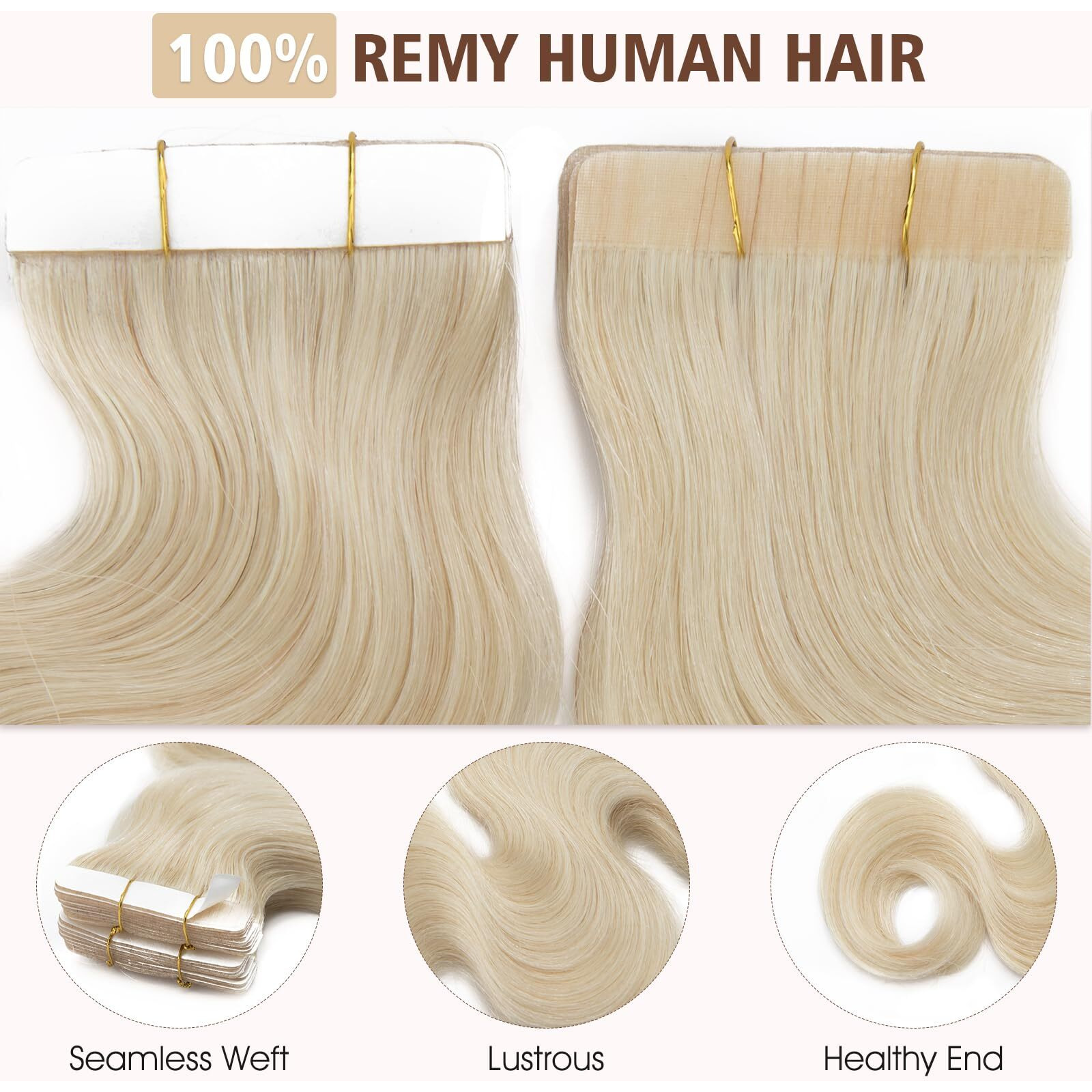 Hairro Tape In Extensions 100% Real Hair Wavy 20 Inch 50G 20Pcs/Pack Pale White Blonde Thin Hair Seamless Skin Weft Glue In Body Body Wave Human Hairpieces