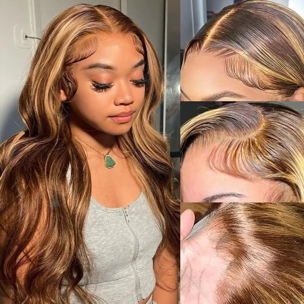 13X6 Body Wave 250% Density Highlight Ombre Lace Front Wig Human Hair 24 Inch Glueless Hd Transparent Honey Blonde Lace Frontal Wigs Human Hair Pre Plucked With Baby Hair