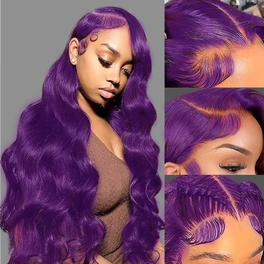Manyisi Purple Lace Front Wigs Human Hair 13X4 Colored Lace Front Wigs Human Hair Pre Plucked Body Wave 200 Density With Baby Hair Purple Wig 26 Inch