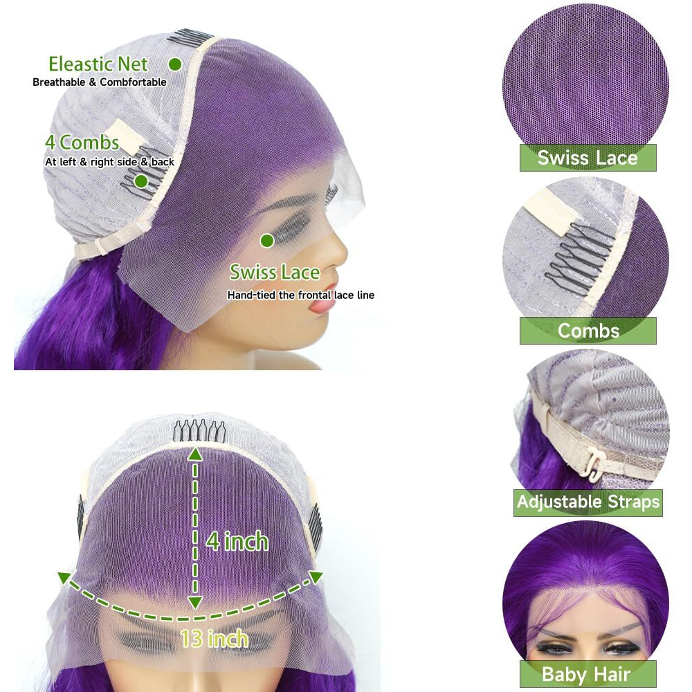 Manyisi Purple Lace Front Wigs Human Hair 13X4 Colored Lace Front Wigs Human Hair Pre Plucked Body Wave 200 Density With Baby Hair Purple Wig 26 Inch
