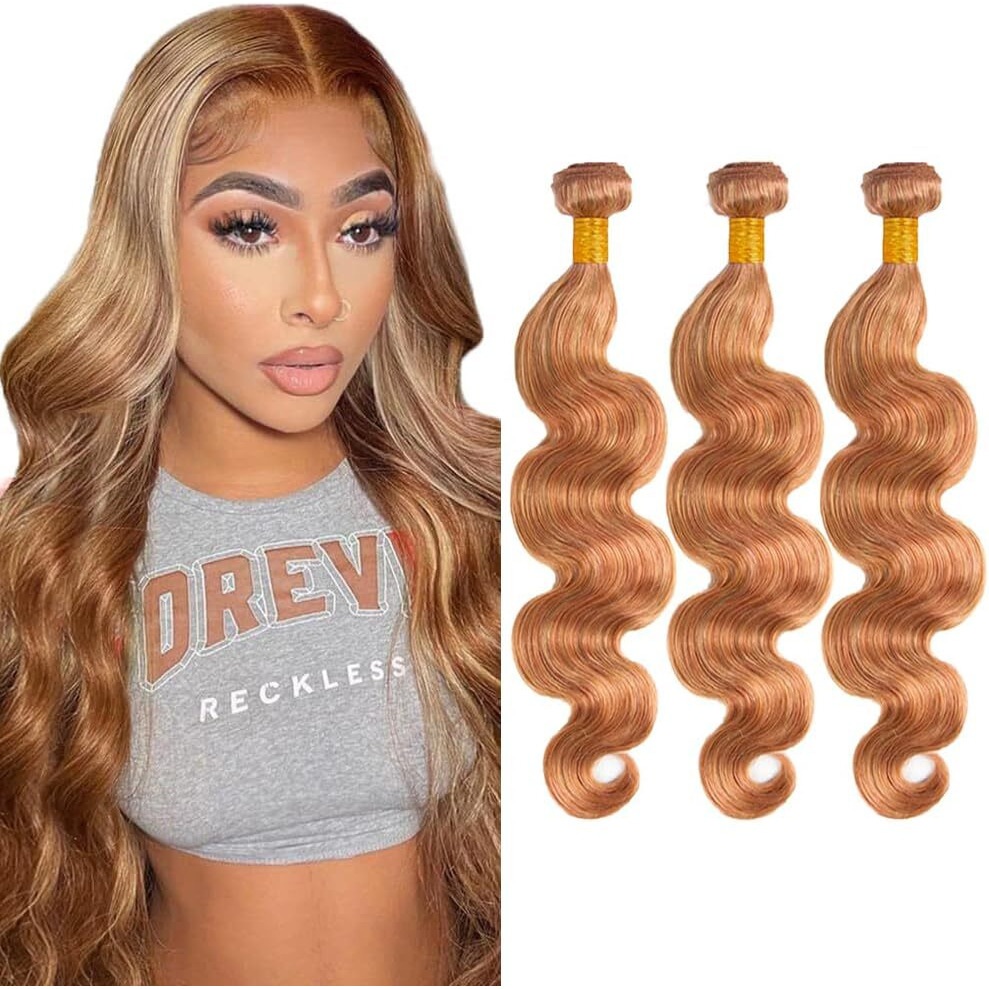 P27/30 Human Hair Color 30 Body Wave Bundles Peruvian Virgin Hair Two Tone Honey Blonde Mixed With Brown Bundles Double Weft Hair Weave 20 22 24 Inch
