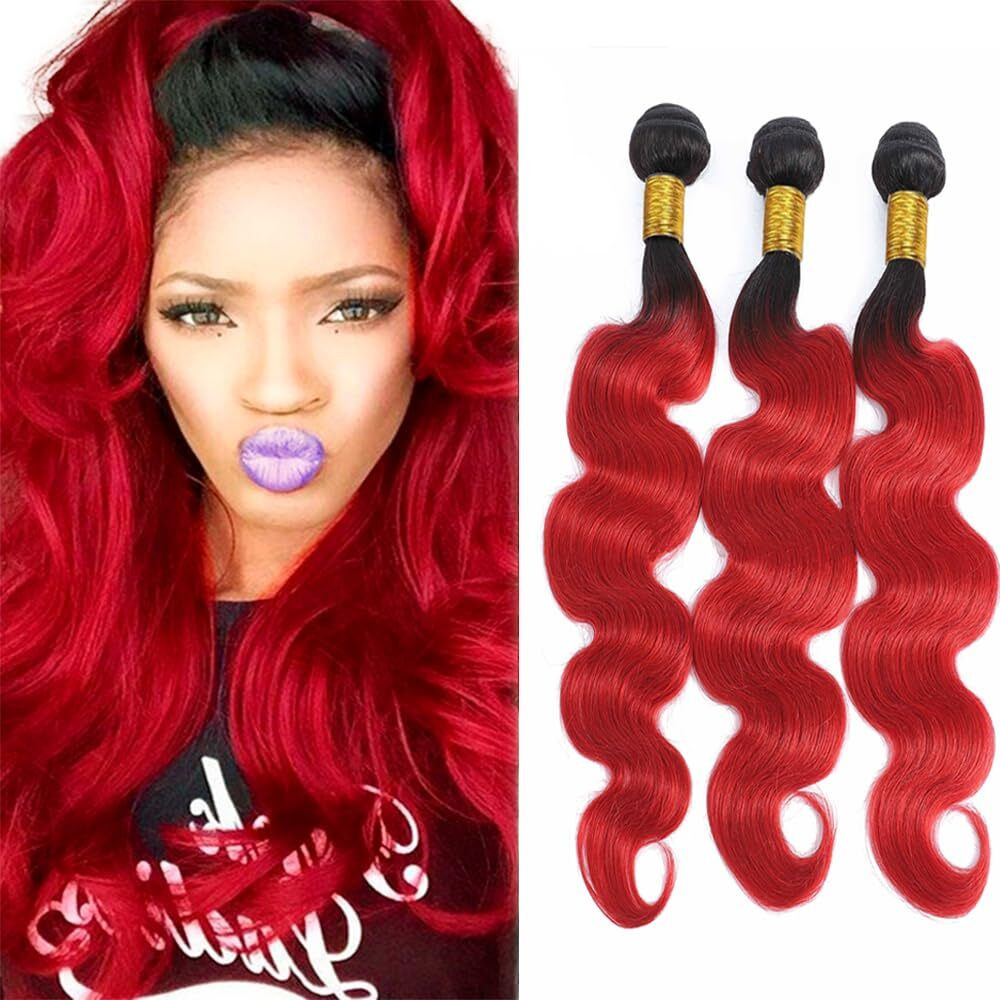 1B/Red Body Wave Human Hair Bundles 14 16 18 Inch Double Weft Brazilian Virgin Remy Hair Extensions Two Tone Black Roots To Red Human Hair Bundles Soft And Silky For Women