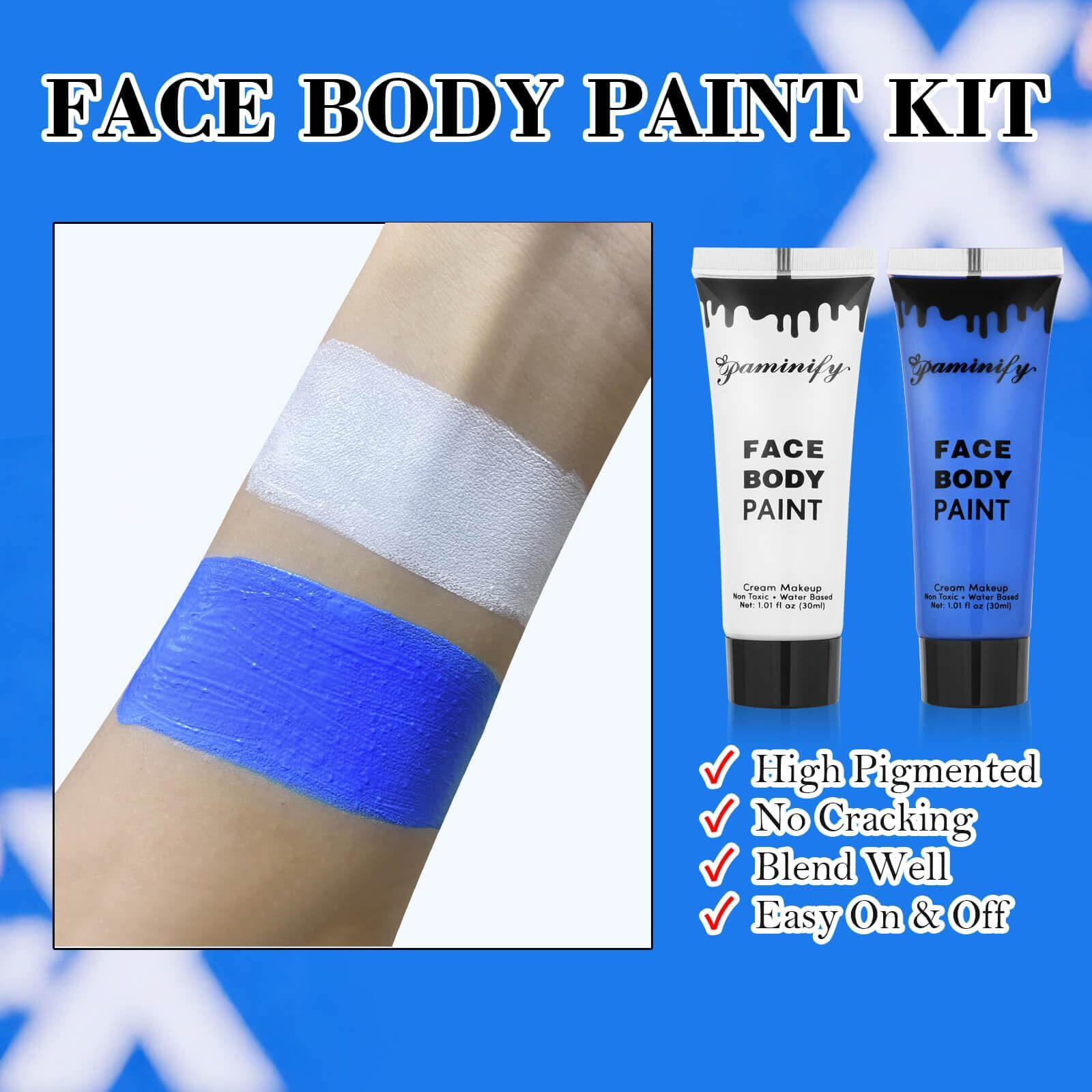 Paminify White Blue Face Body Paint With Sponges,Water Based Dark Blue Face Painting Kit For Avatar Smurf Mystique Cosplay Makeup,Halloween Sfx Makeup Cream Body Paint For Adults And Kids