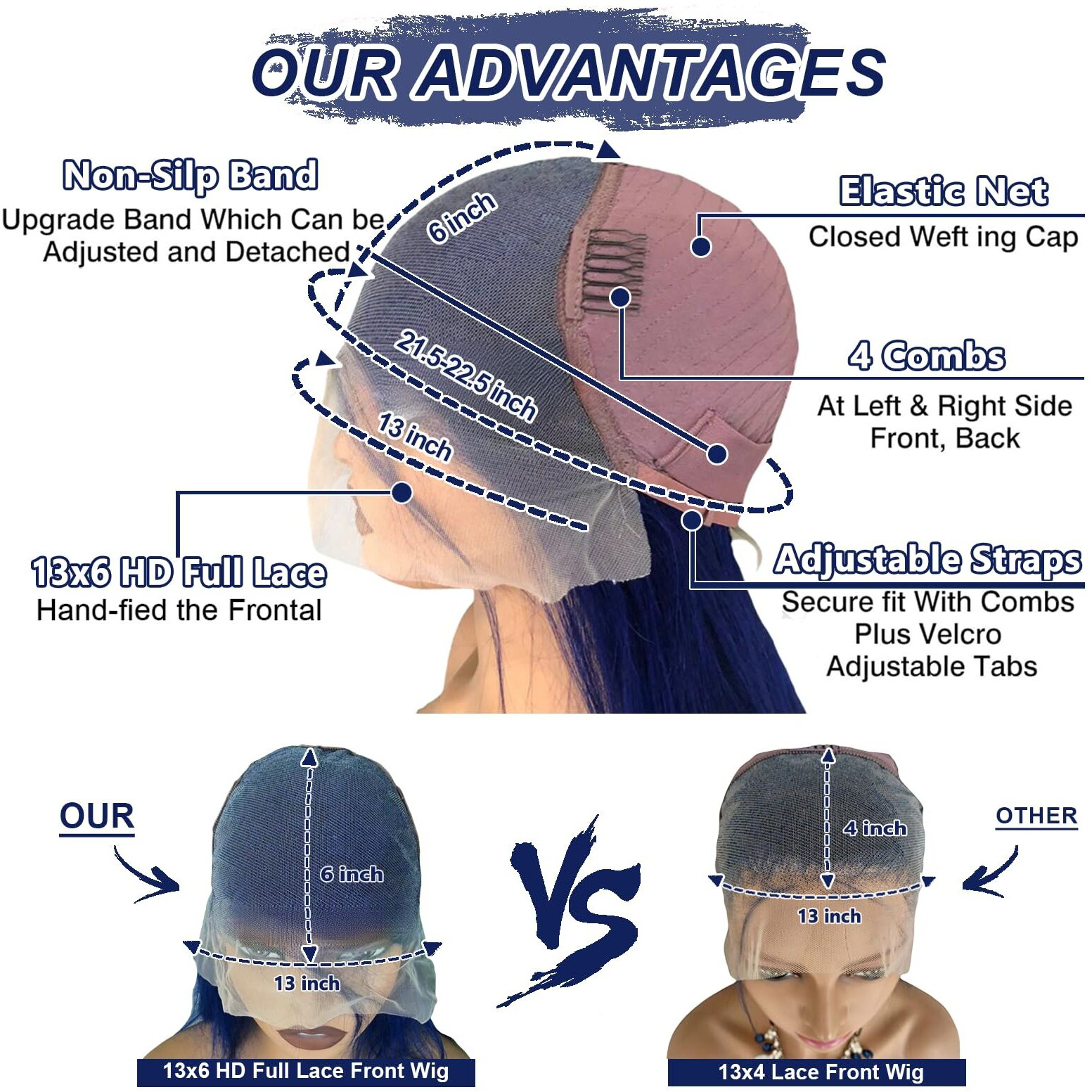 Blue Lace Front Wigs Human Hair Body Wave 13X6 Hd Lace Frontal Wig Human Hair 180% Density Dark Blue Wig Human Hair For Black Women Royal Blue Wear And Go Glueless Wigs Hair Pre Plucked 20 Inch