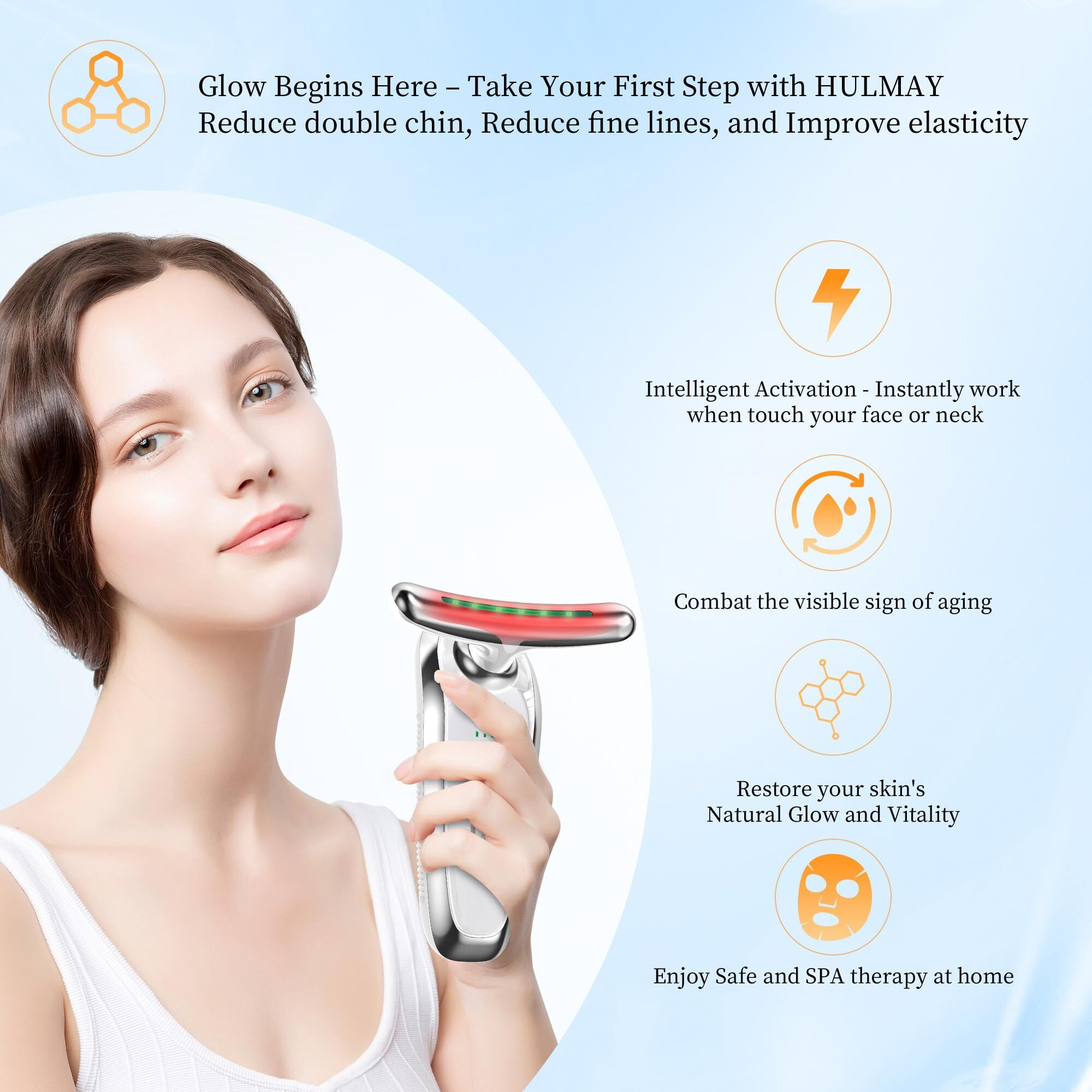 Hulmay 7-In-1 Led Facial & Neck Massager Tool, Red Light Therapy For Face, Reduce Fine Lines & Double Chin, Neck Tightening, True Beauty Glow Facial Massager - At Home Skin Care Sculpting Tool