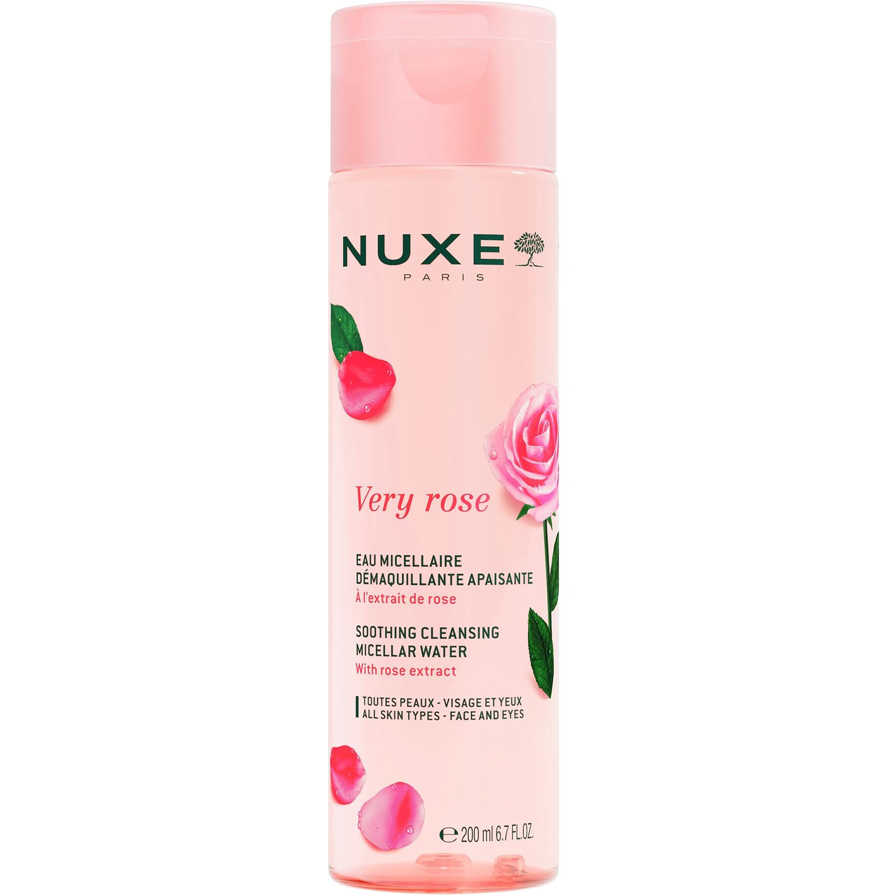 Nuxe Very Rose 3-In-1 Micellar Water, Soothing Facial Cleanser And Makeup Remover, With Rose Extract For Face & Eyes, 6.7 Fl.Oz