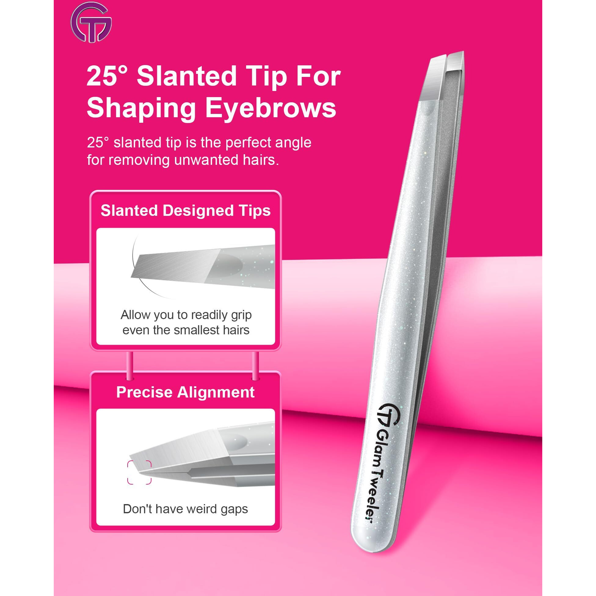 Expert Slant And Point Tip Tweezer Set With Exclusive Storage & Carrying Case, Glamtweeler Sharp & Precision Tweezer Set For Eyebrows, Facial Hairs And Fine Hairs Removal (Sparkle Silver)