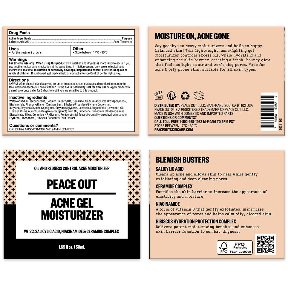 Peace Out Skincare Acne Gel Moisturizer, For Daily Facial Use With Salicylic Acid & Niacinamide, Boost Hydration And Help Prevent Acne & Blackheads, For Men & Women, 1.69 Fl Oz