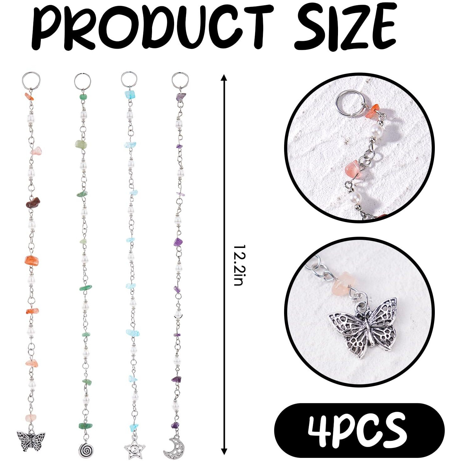 Freshme Hair Jewelry For Women - 10Pcs Long And Short Natural Stone Hair Charms For Braids Hair Chains In Bling Tassel Butterfly Sun Moon Pendants For Renaissance Photography Halloween Accessories