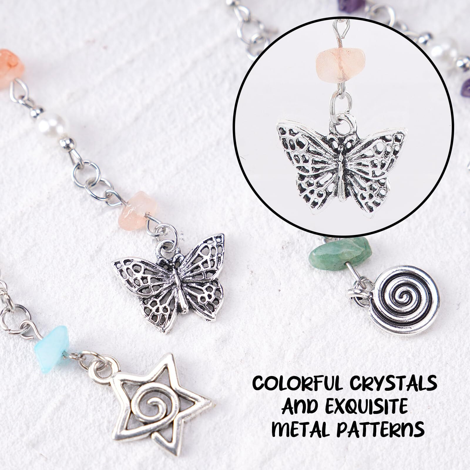 Freshme Hair Jewelry For Women - 10Pcs Long And Short Natural Stone Hair Charms For Braids Hair Chains In Bling Tassel Butterfly Sun Moon Pendants For Renaissance Photography Halloween Accessories