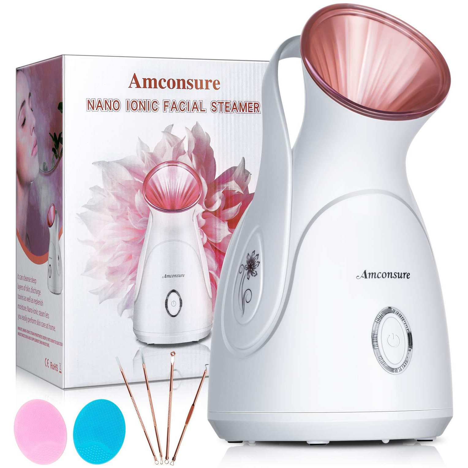 Facial Steamer, Amconsure Nano Ionic Face Steamer For Home, 100Ml Warm Mist Humidifier For Women Moisturizing, Unclogs Pores-Bonus Stainless Steel Skin Kit And 2 Face Scrubbers